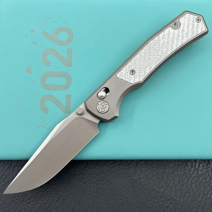KB KNIVES KB427A Lynx Folding Knife Bead Blasting Titanium with Silver Twill CF Inlay Handle 3.54'' Bead Blasting M390
