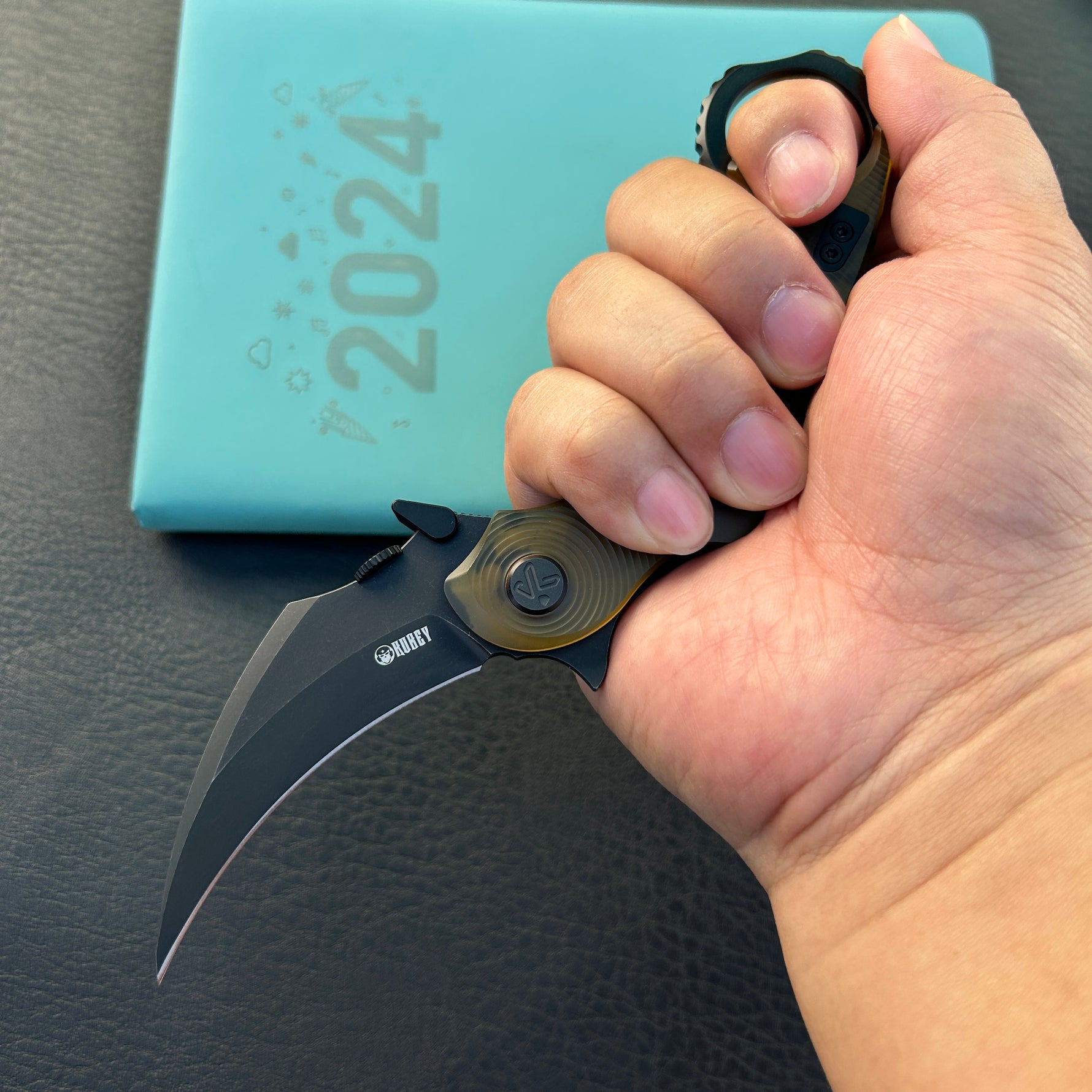KUBEY knife KU298H Rogue Recurve Karambit Folding Knife  Ultem Handle 2.91" Blackwash 14C28N Blade