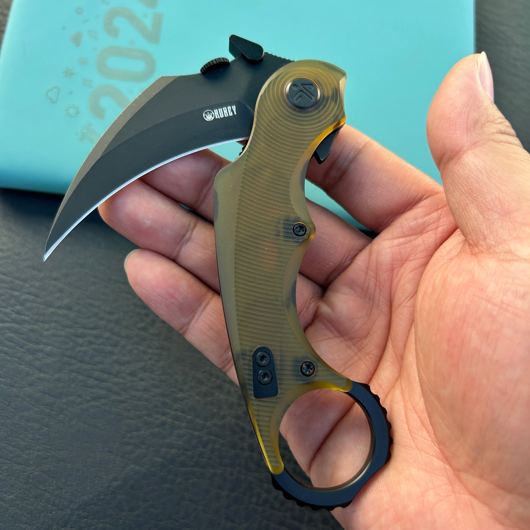 KUBEY knife KU298H Rogue Recurve Karambit Folding Knife  Ultem Handle 2.91" Blackwash 14C28N Blade