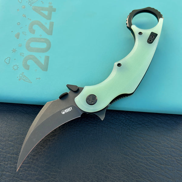 KUBEY KU298E Rogue Recurve Karambit Folding Knife Jade  G10 Handle 2.91" Blackwash 14C28N Blade