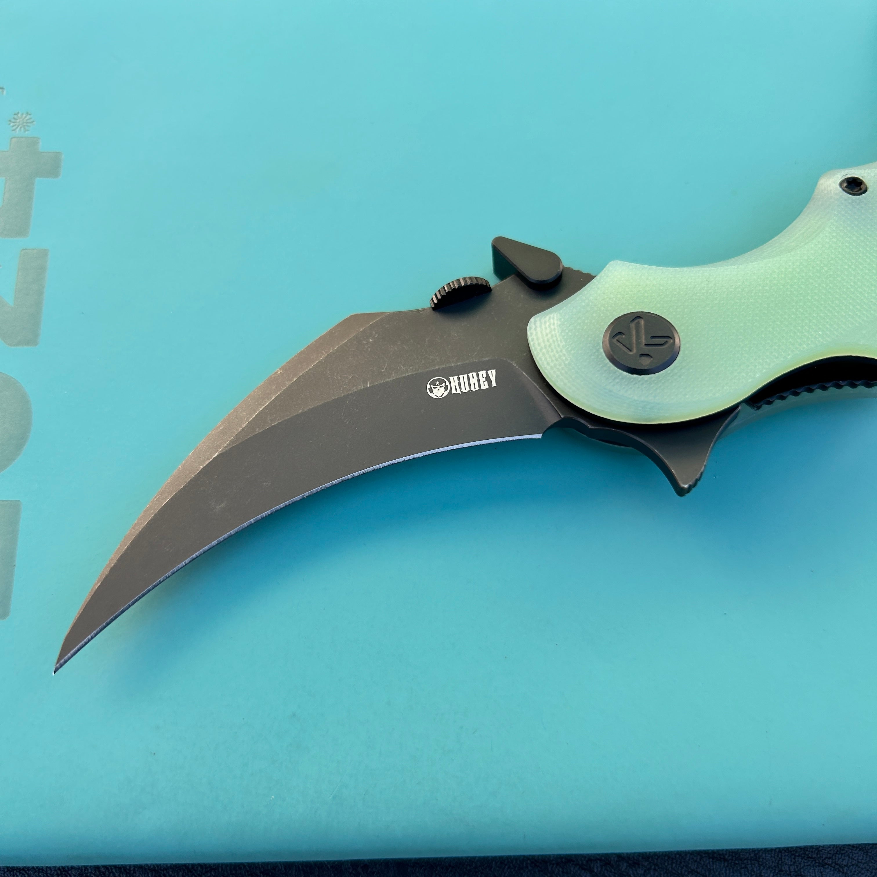 KUBEY KU298E Rogue Recurve Karambit Folding Knife Jade  G10 Handle 2.91" Blackwash 14C28N Blade