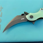 KUBEY knife KU298E Rogue Recurve Karambit Folding Knife Jade  G10 Handle 2.91" Blackwash 14C28N Blade