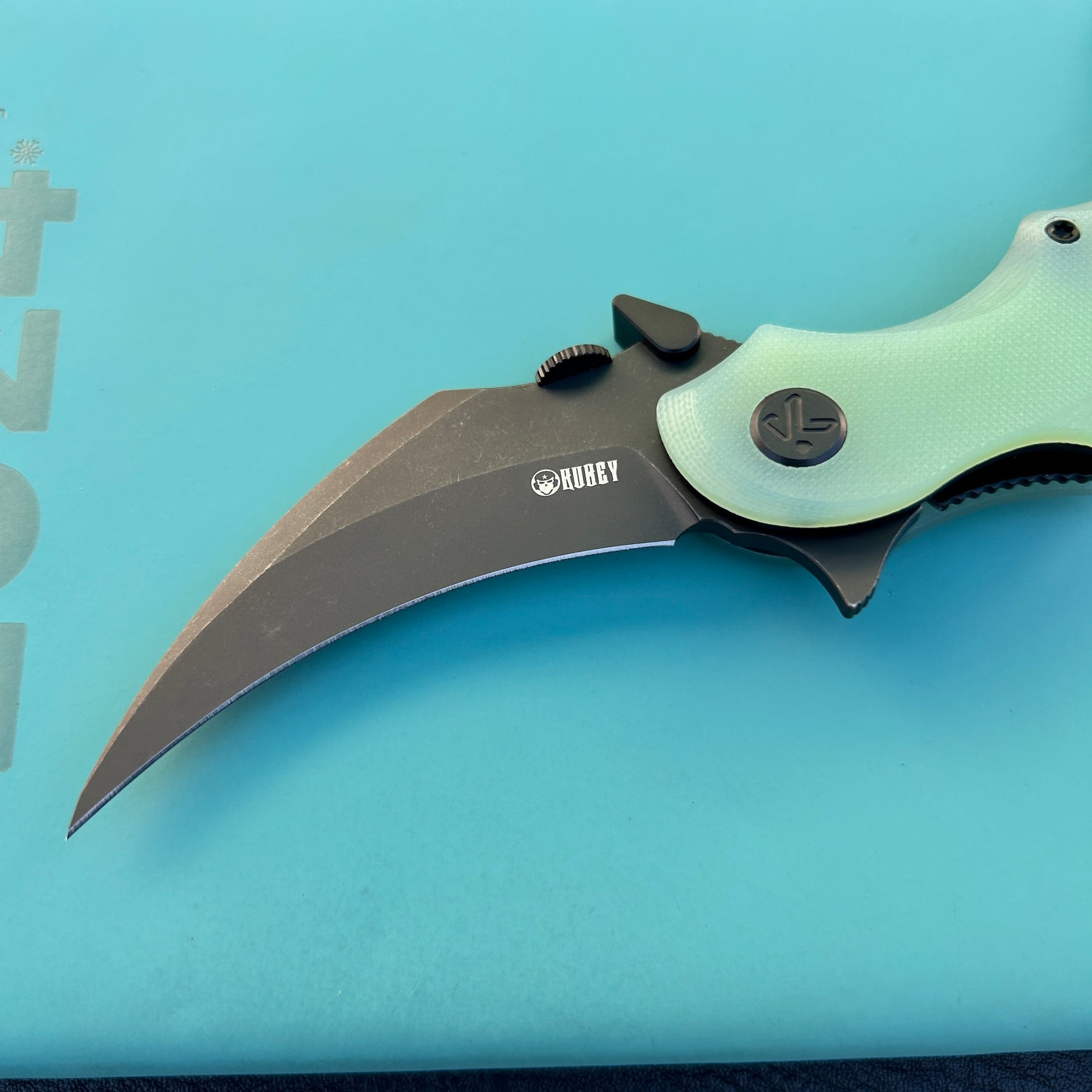 KUBEY knife KU298E Rogue Recurve Karambit Folding Knife Jade  G10 Handle 2.91" Blackwash 14C28N Blade