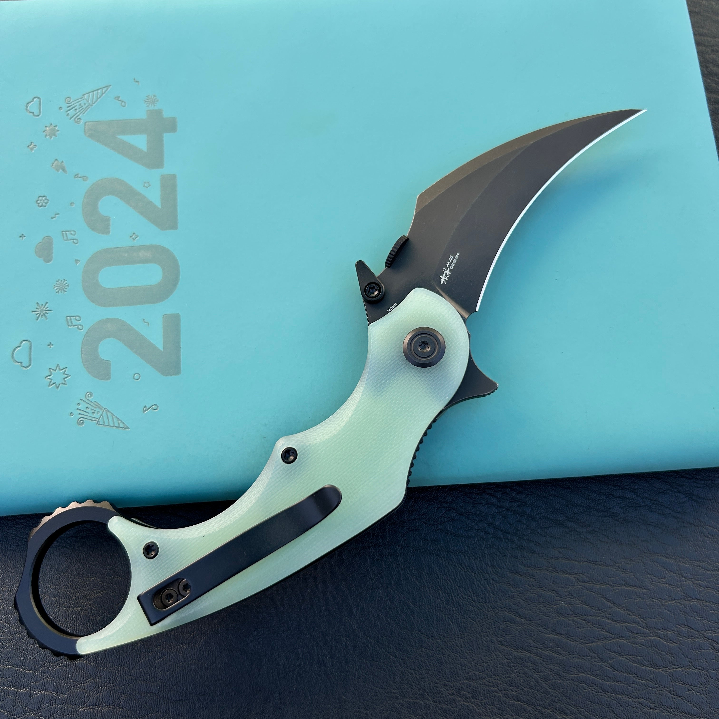 KUBEY KU298E Rogue Recurve Karambit Folding Knife Jade  G10 Handle 2.91" Blackwash 14C28N Blade