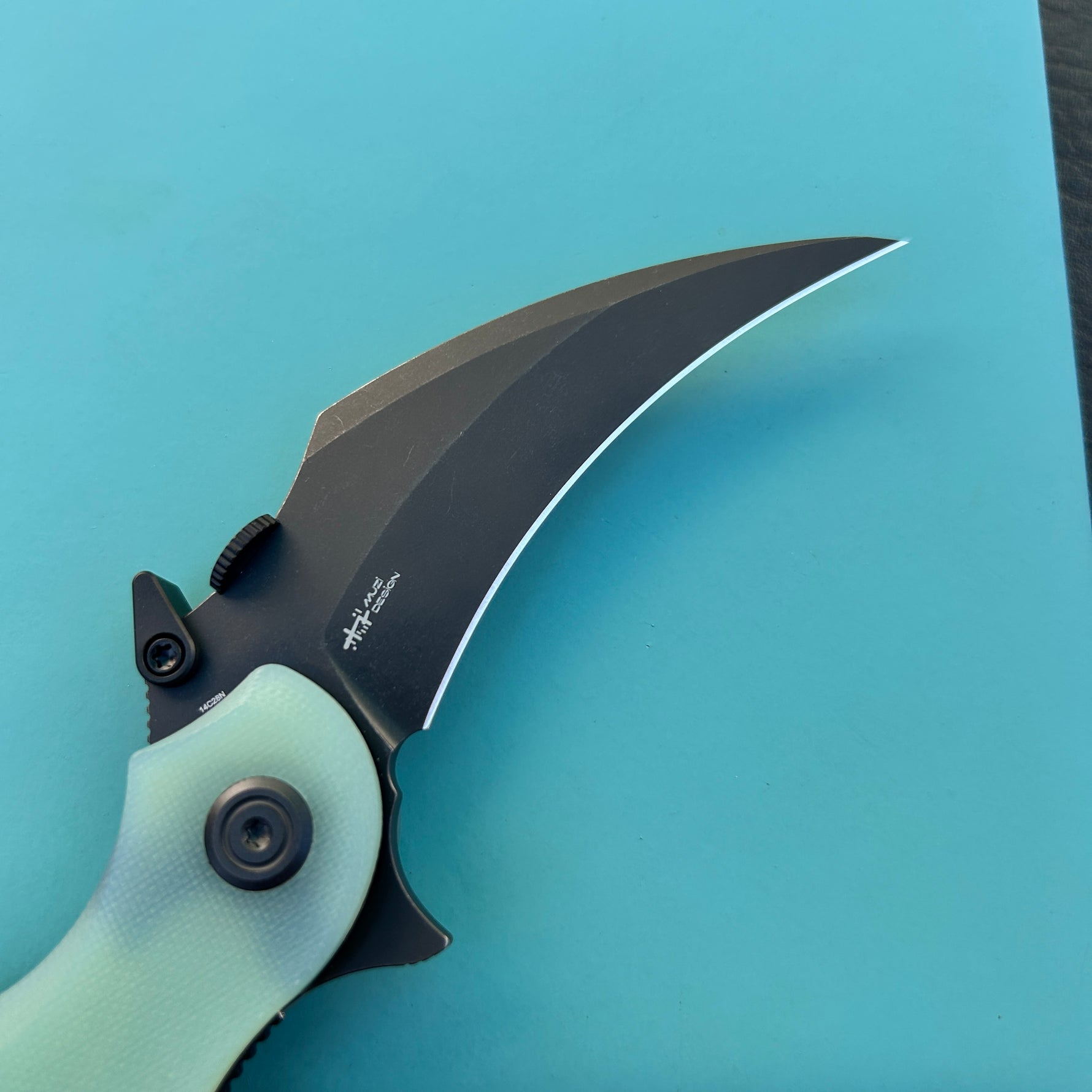 KUBEY knife KU298E Rogue Recurve Karambit Folding Knife Jade  G10 Handle 2.91" Blackwash 14C28N Blade