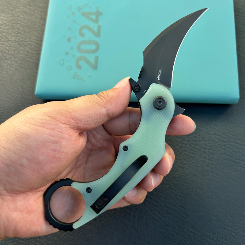 KUBEY KU298E Rogue Recurve Karambit Folding Knife Jade  G10 Handle 2.91" Blackwash 14C28N Blade