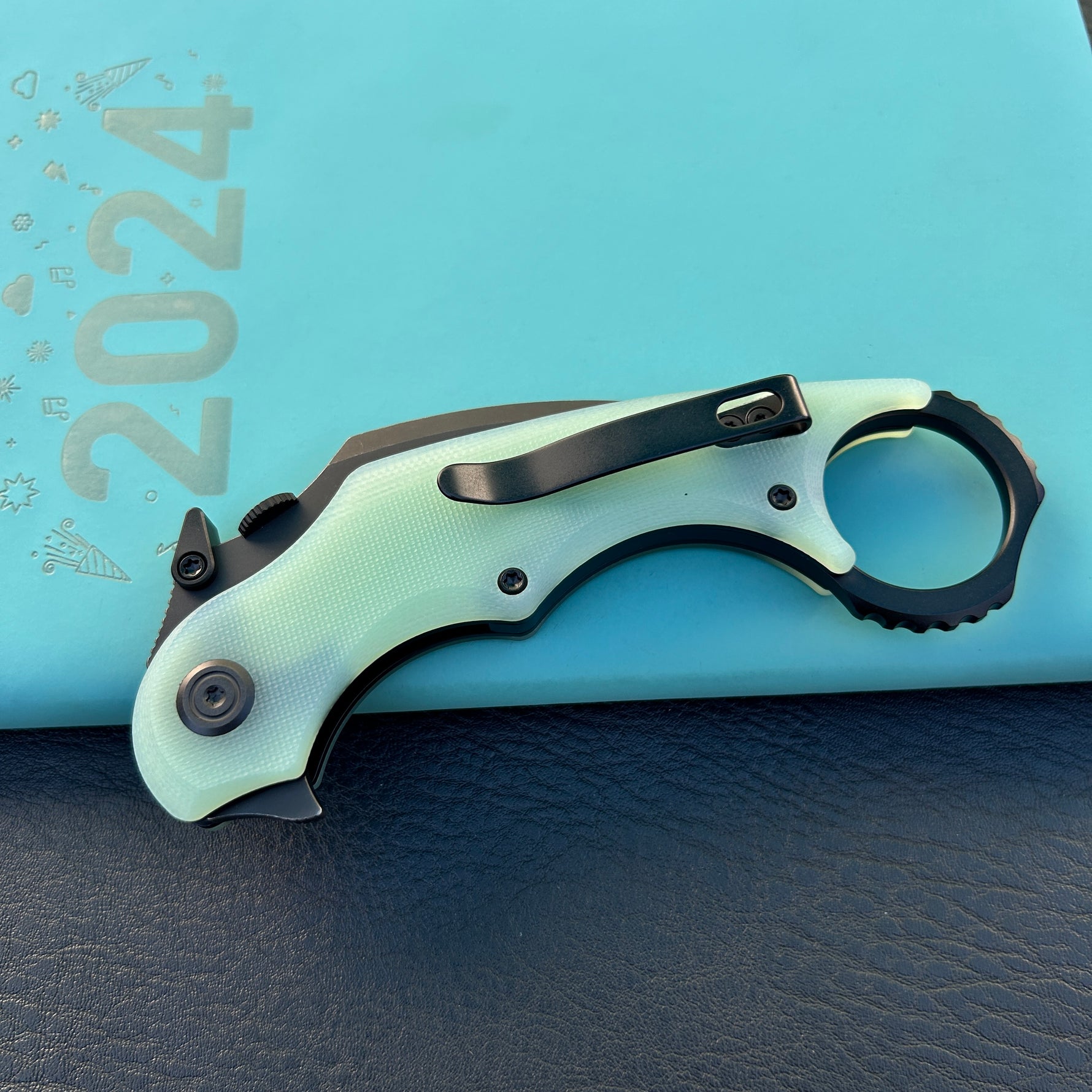 KUBEY knife KU298E Rogue Recurve Karambit Folding Knife Jade  G10 Handle 2.91" Blackwash 14C28N Blade