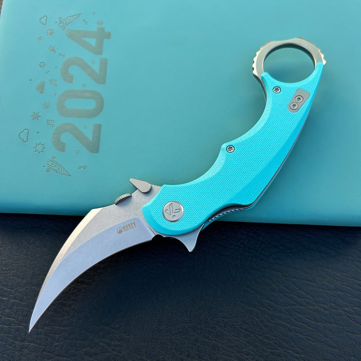 KUBEY KU298C Rogue Recurve Karambit Folding Knife Tiffany Blue G10 Handle 2.91" Stonewash 14C28N Blade