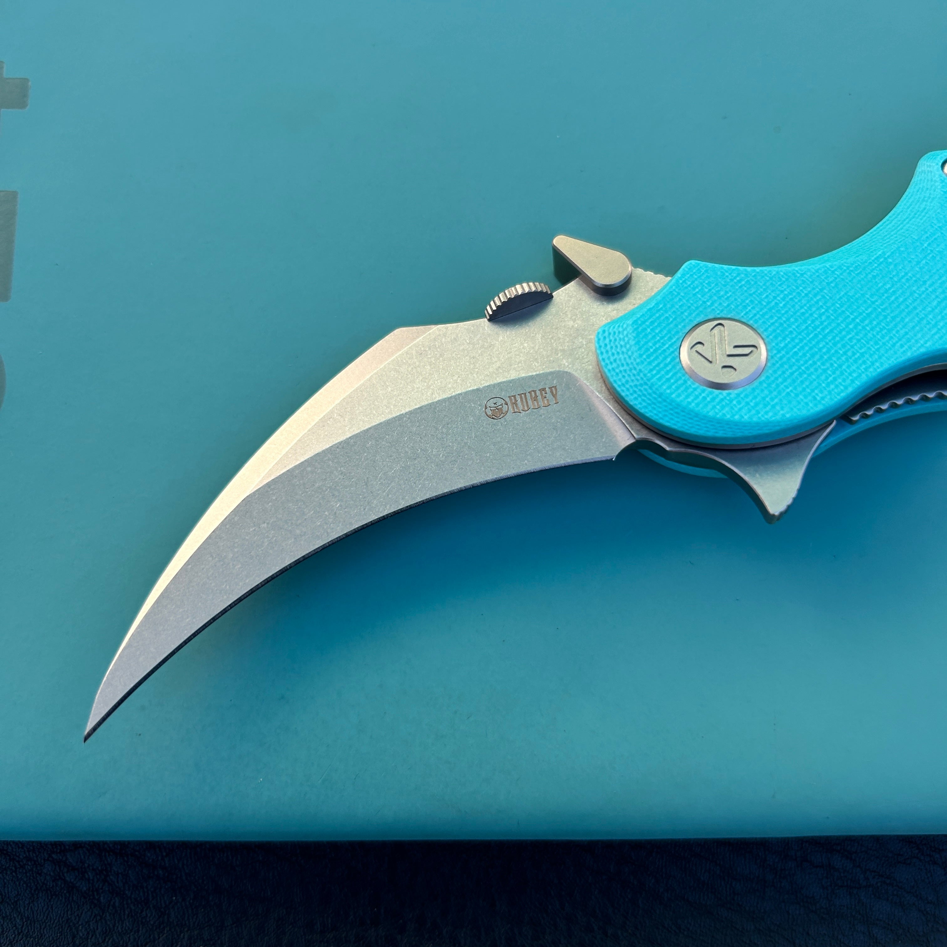 KUBEY KU298C Rogue Recurve Karambit Folding Knife Tiffany Blue G10 Handle 2.91" Stonewash 14C28N Blade