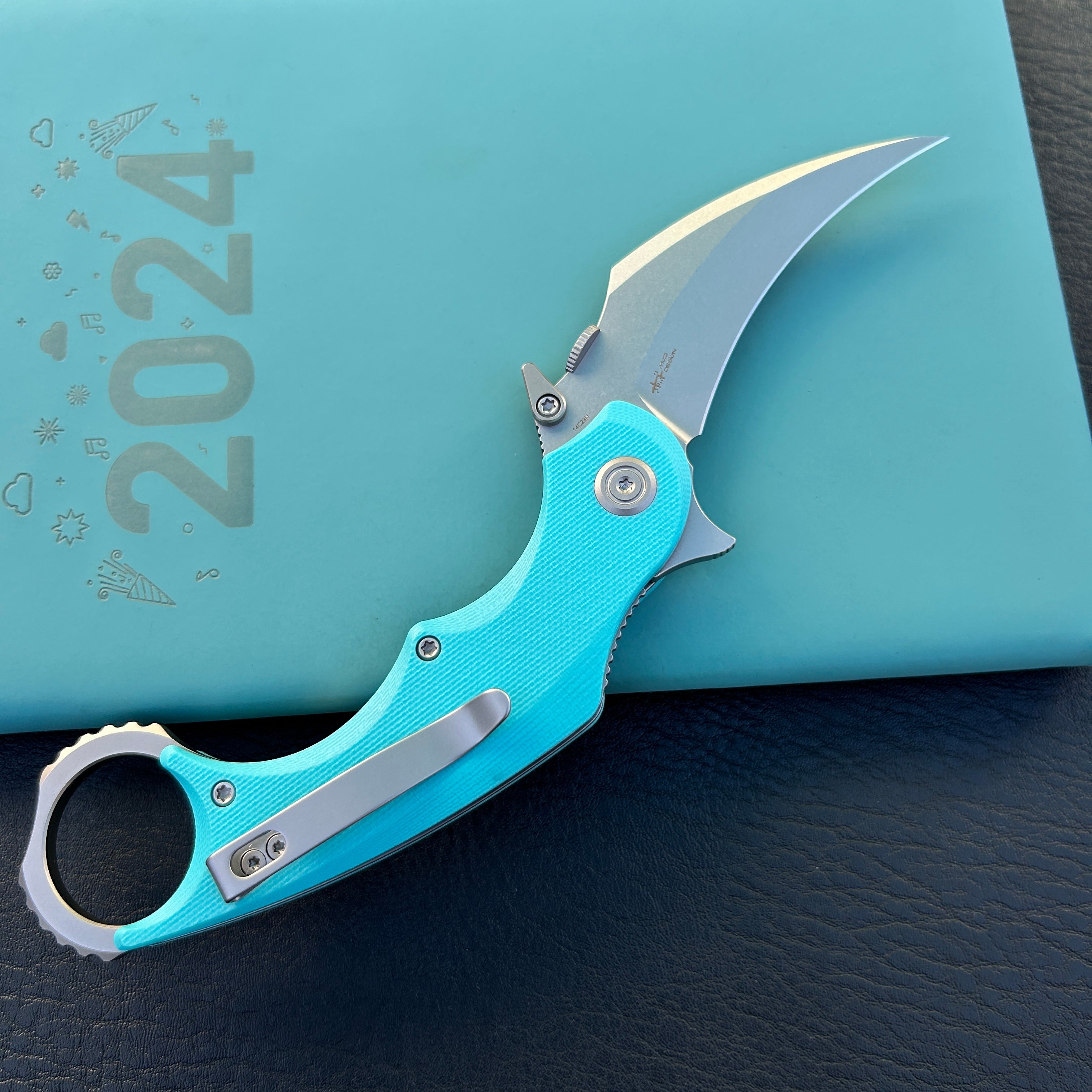 KUBEY KU298C Rogue Recurve Karambit Folding Knife Tiffany Blue G10 Handle 2.91" Stonewash 14C28N Blade