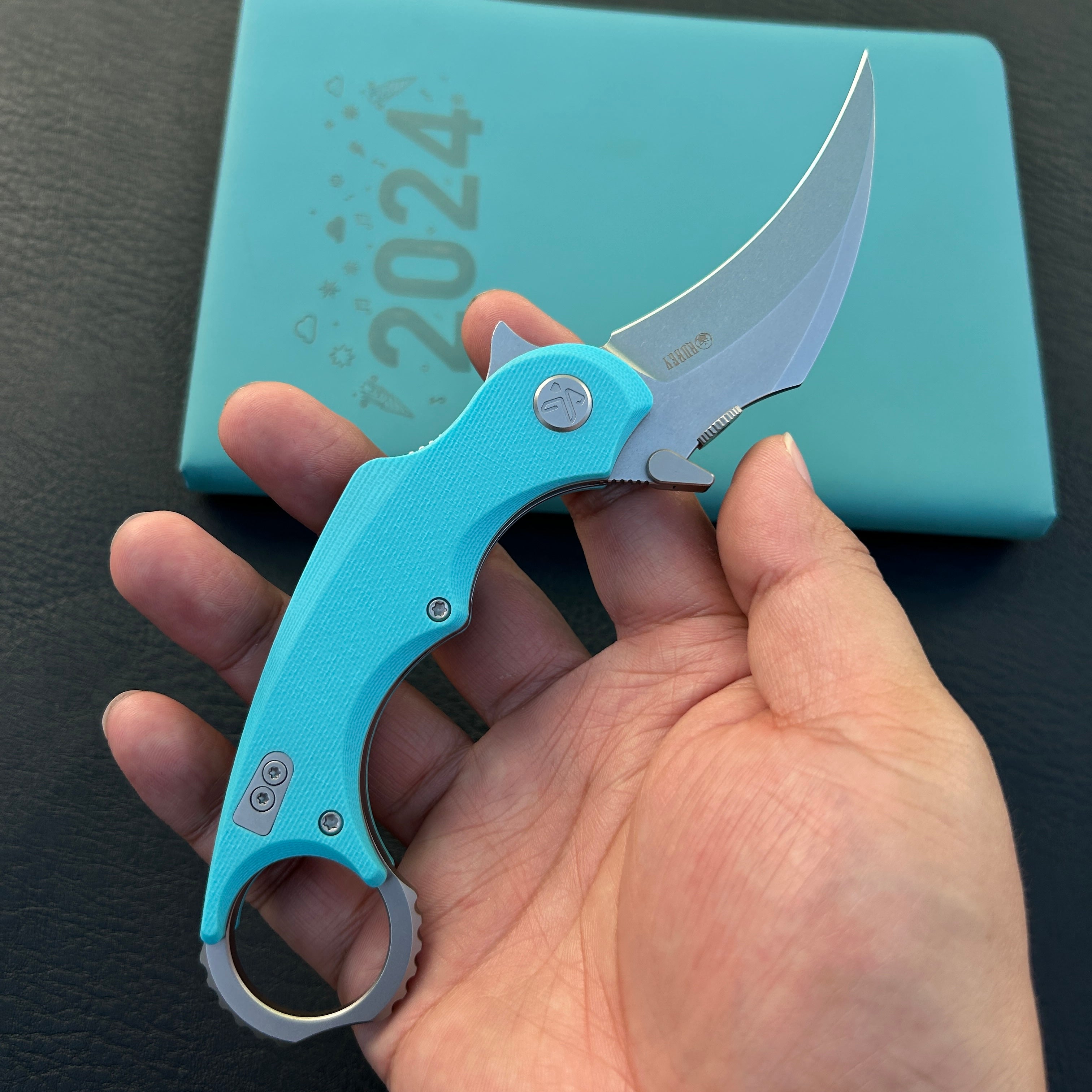 KUBEY KU298C Rogue Recurve Karambit Folding Knife Tiffany Blue G10 Handle 2.91" Stonewash 14C28N Blade