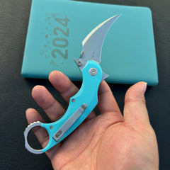 KUBEY KU298C Rogue Recurve Karambit Folding Knife Tiffany Blue G10 Handle 2.91" Stonewash 14C28N Blade