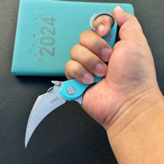 KUBEY KU298C Rogue Recurve Karambit Folding Knife Tiffany Blue G10 Handle 2.91" Stonewash 14C28N Blade