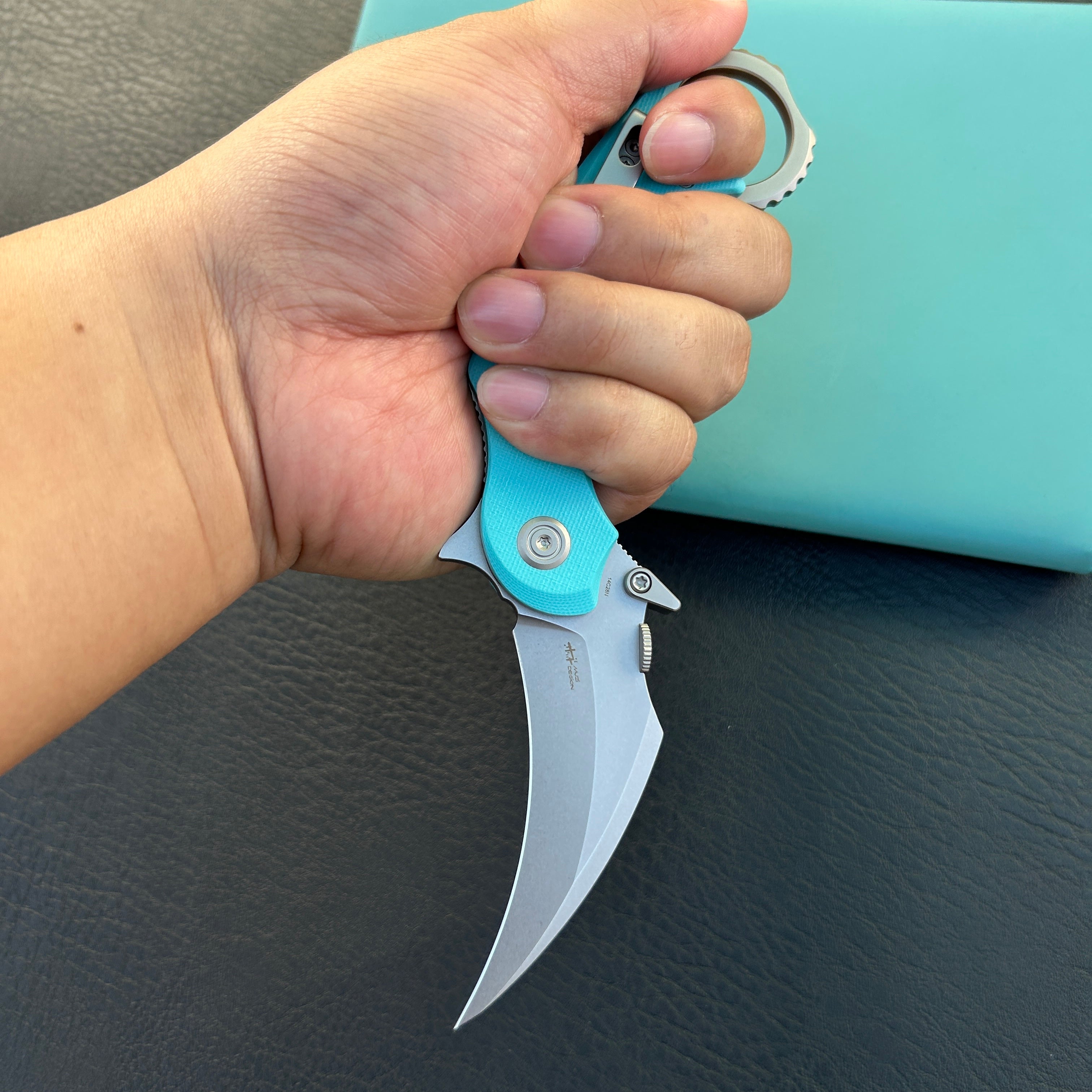 KUBEY KU298C Rogue Recurve Karambit Folding Knife Tiffany Blue G10 Handle 2.91" Stonewash 14C28N Blade