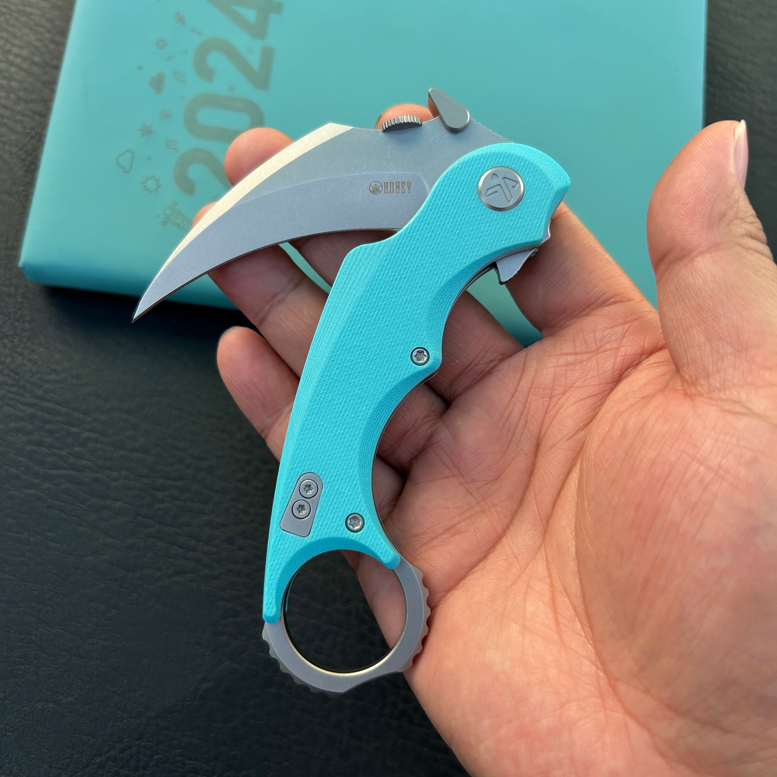 KUBEY KU298C Rogue Recurve Karambit Folding Knife Tiffany Blue G10 Handle 2.91" Stonewash 14C28N Blade