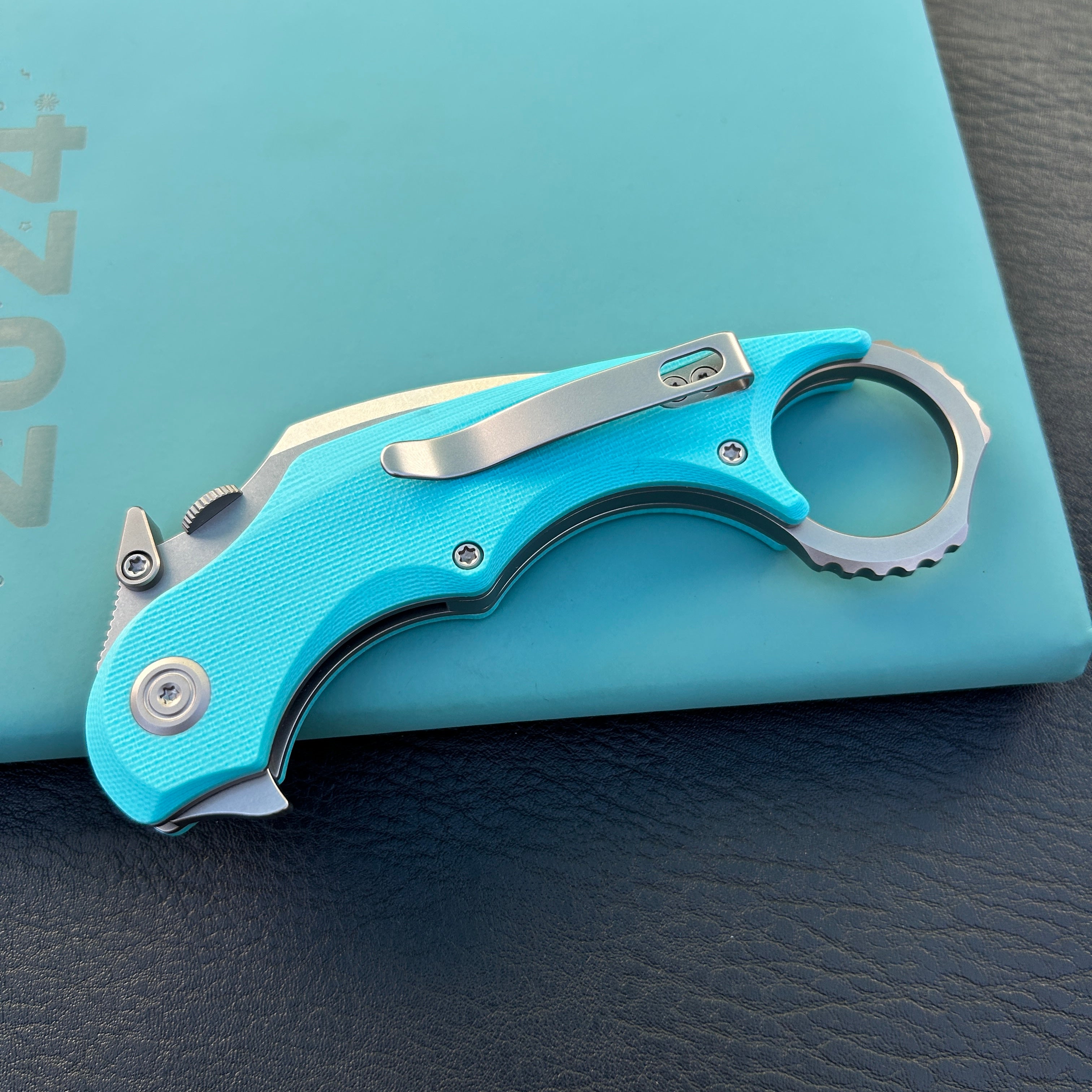 KUBEY KU298C Rogue Recurve Karambit Folding Knife Tiffany Blue G10 Handle 2.91" Stonewash 14C28N Blade