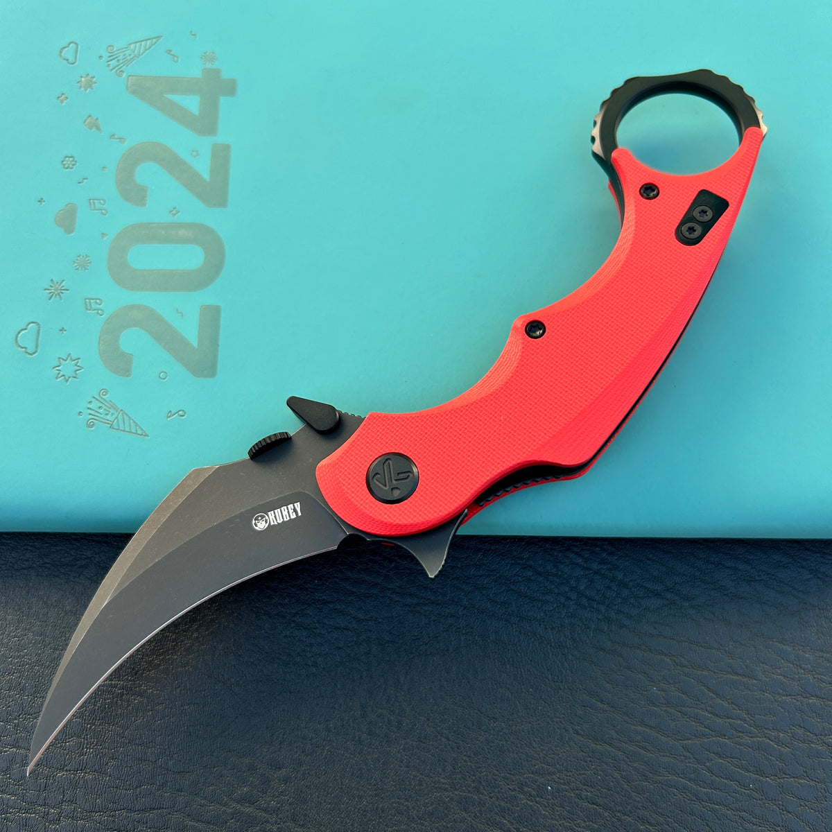 KUBEY KU298F Rogue Recurve Karambit Folding Knife Red  G10 Handle 2.91" Blackwash 14C28N Blade