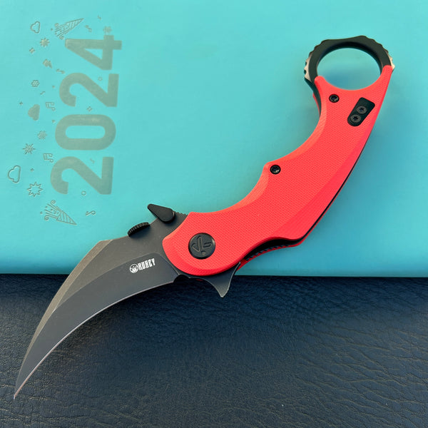 KUBEY KU298F Rogue Recurve Karambit Folding Knife Red  G10 Handle 2.91" Blackwash 14C28N Blade