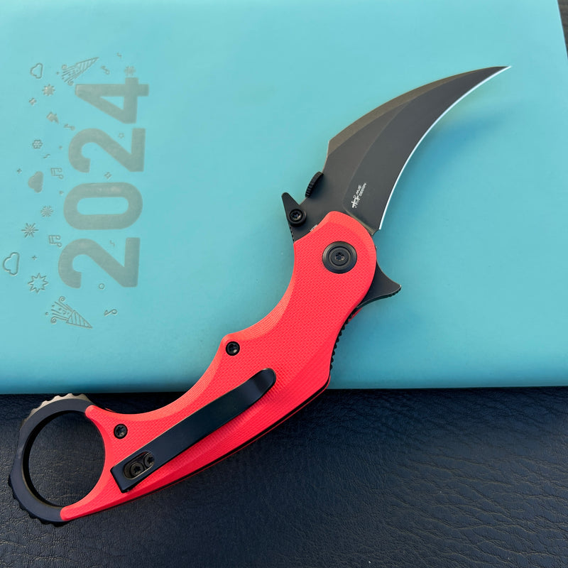 KUBEY KU298F Rogue Recurve Karambit Folding Knife Red  G10 Handle 2.91" Blackwash 14C28N Blade