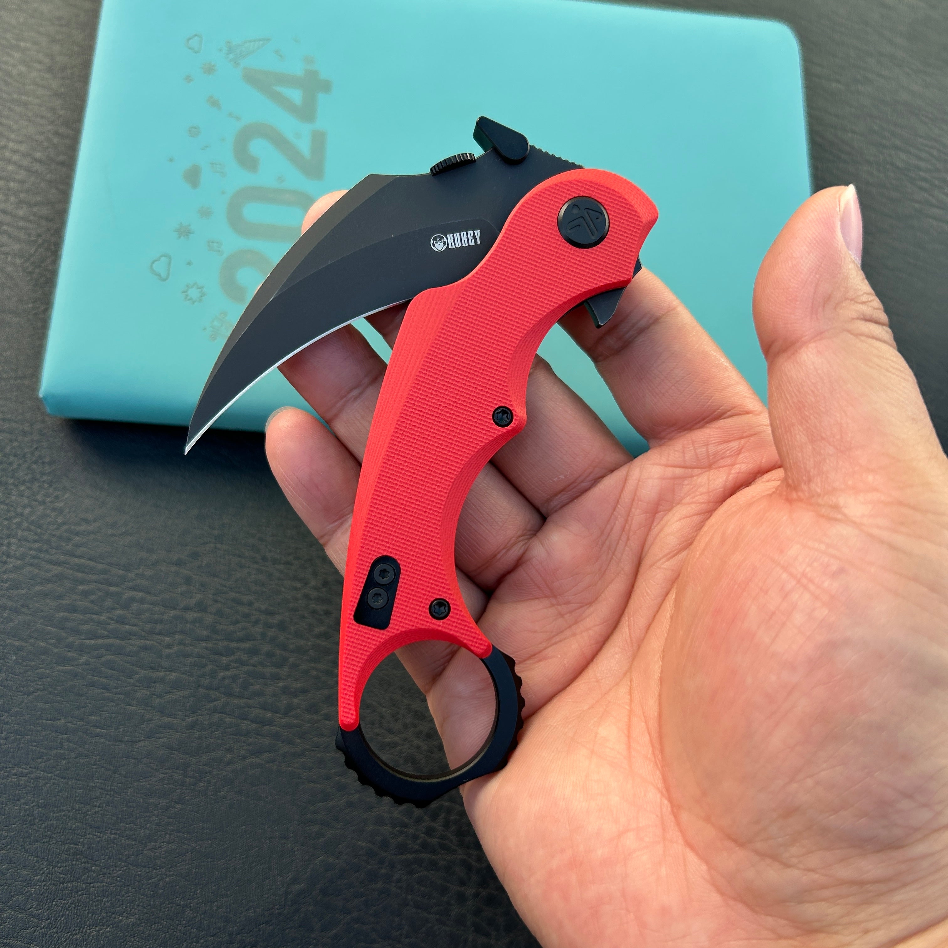 KUBEY KU298F Rogue Recurve Karambit Folding Knife Red  G10 Handle 2.91" Blackwash 14C28N Blade