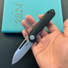 KUBEY KU321P Royal CM Designs EDC Pocket Knife Front Flipper Black G10 Handle 2.99" Stonewash 14C28N