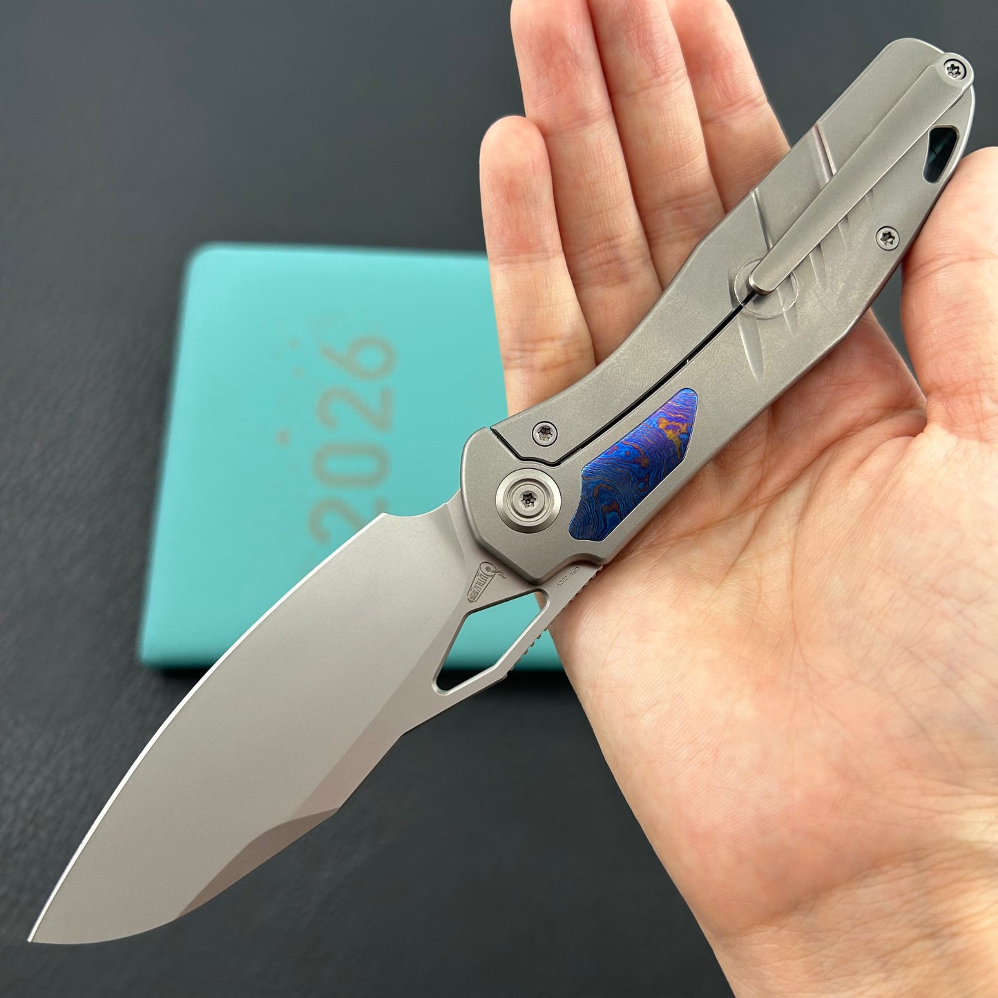 KB KNIVES KB385A Sudden Frame Lock Pocket Folding Knife Sandblast Titanium w/ Timascus Inlays 3.46'' Beadblast 20CV Blade