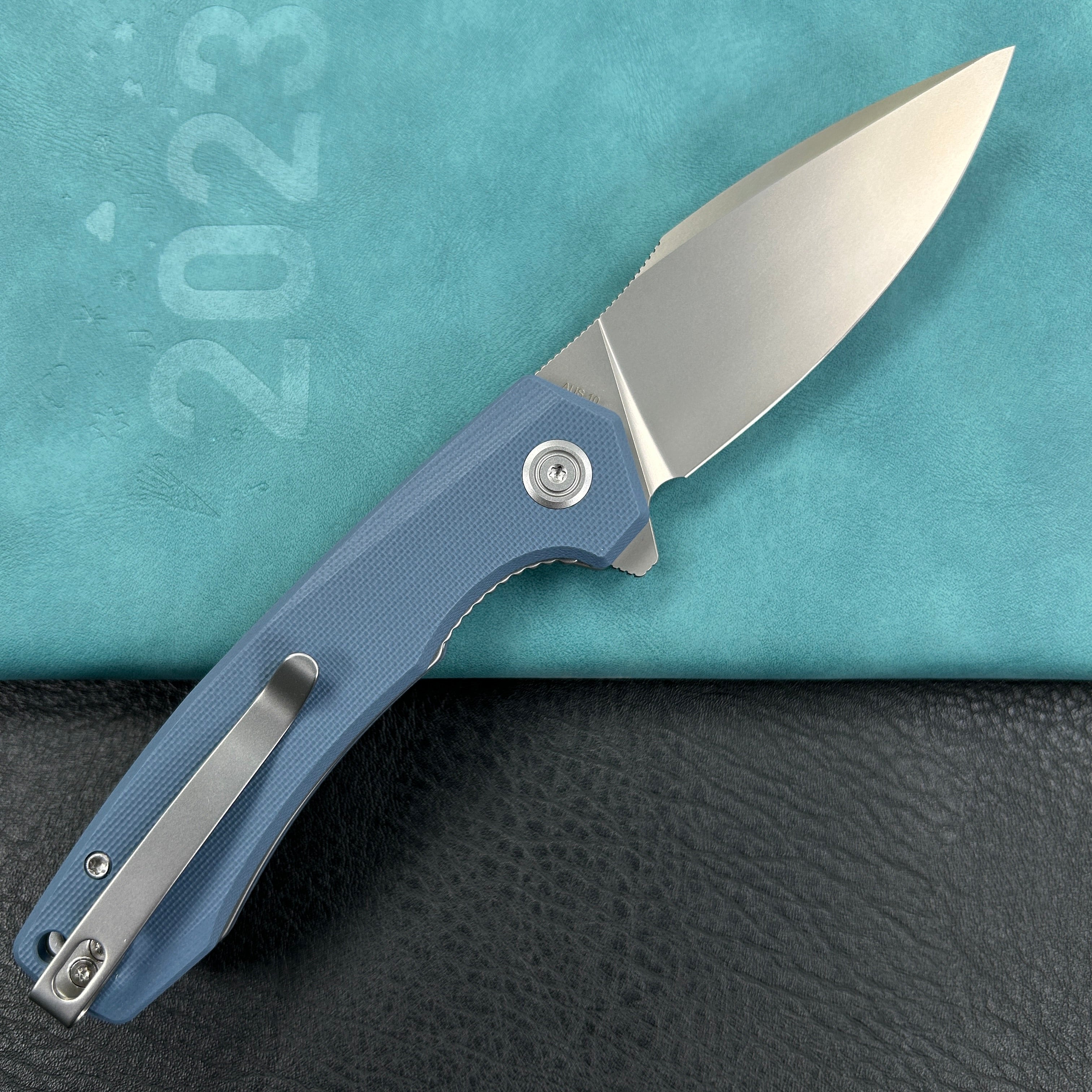 KUBEY KU901M Calyce Liner Lock Flipper Folding Knife Blue G10 Handle 3.27" Bead Blasted AUS-10