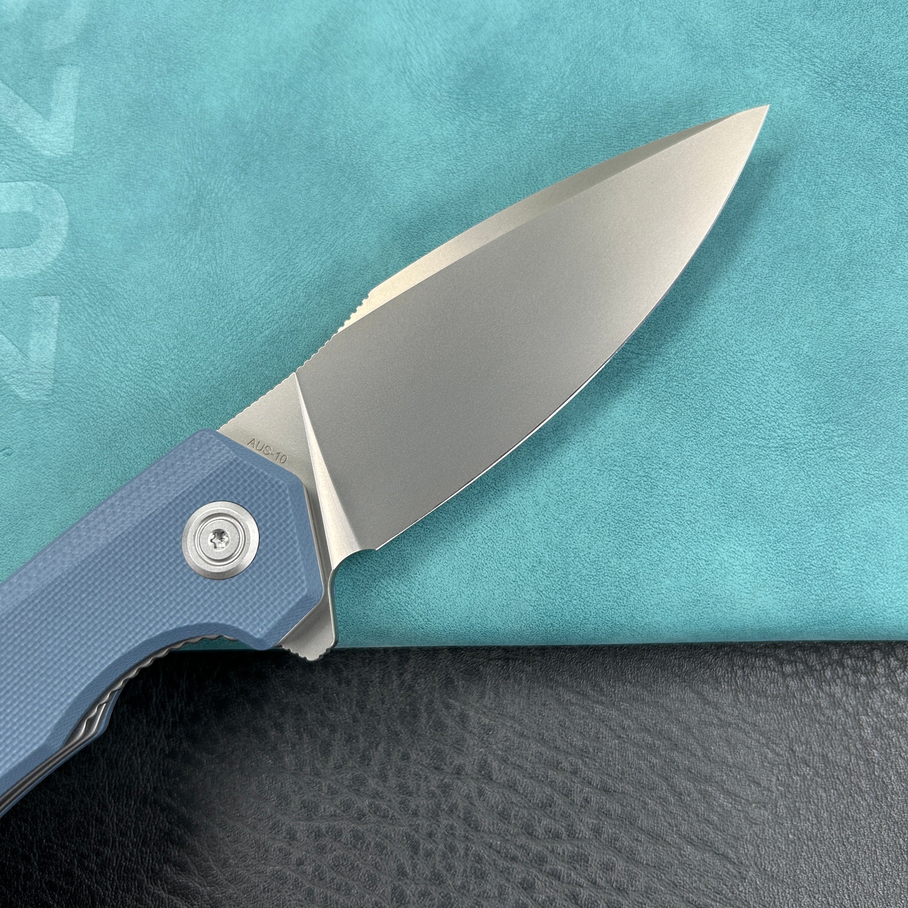 KUBEY KU901M Calyce Liner Lock Flipper Folding Knife Blue G10 Handle 3.27" Bead Blasted AUS-10