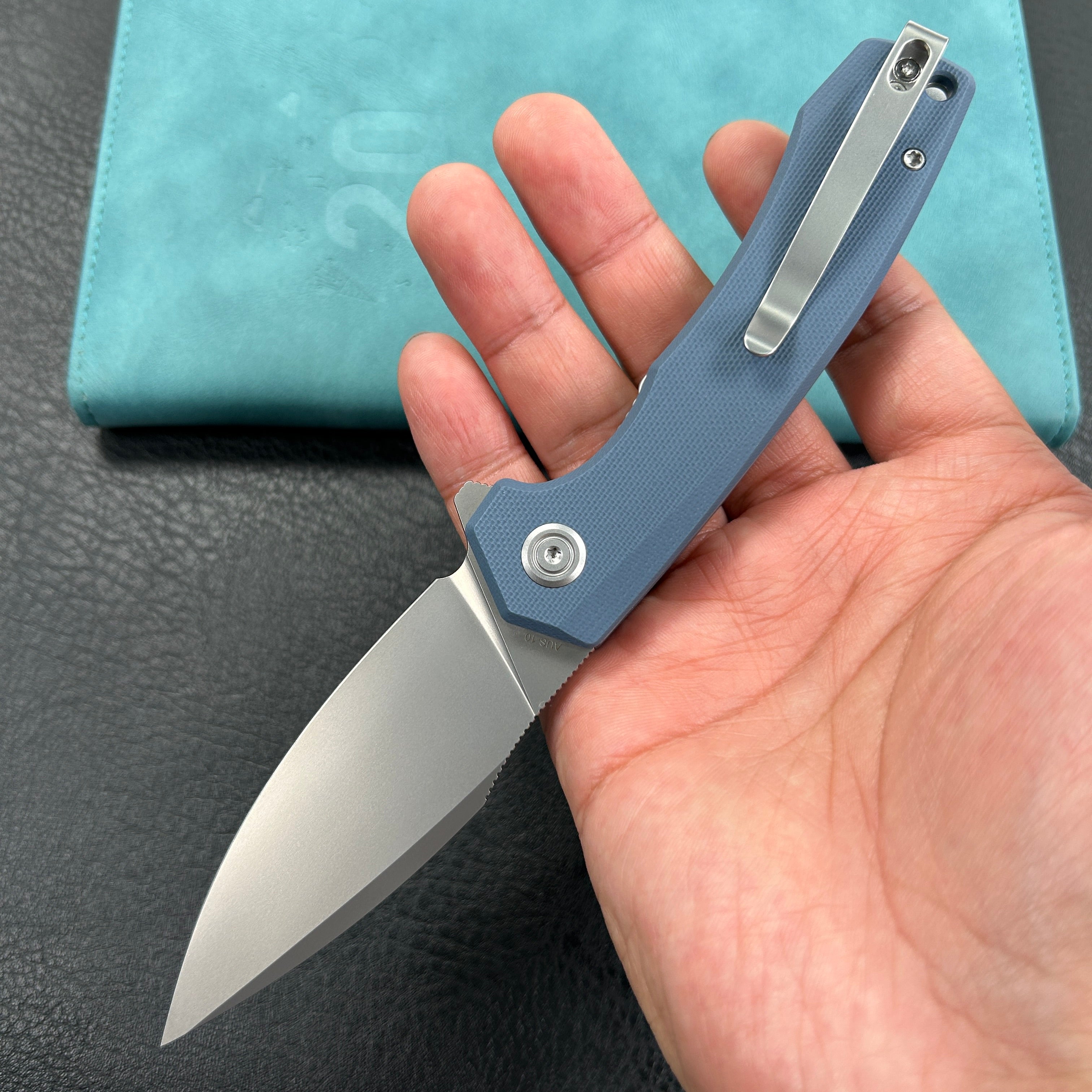 KUBEY KU901M Calyce Liner Lock Flipper Folding Knife Blue G10 Handle 3.27" Bead Blasted AUS-10