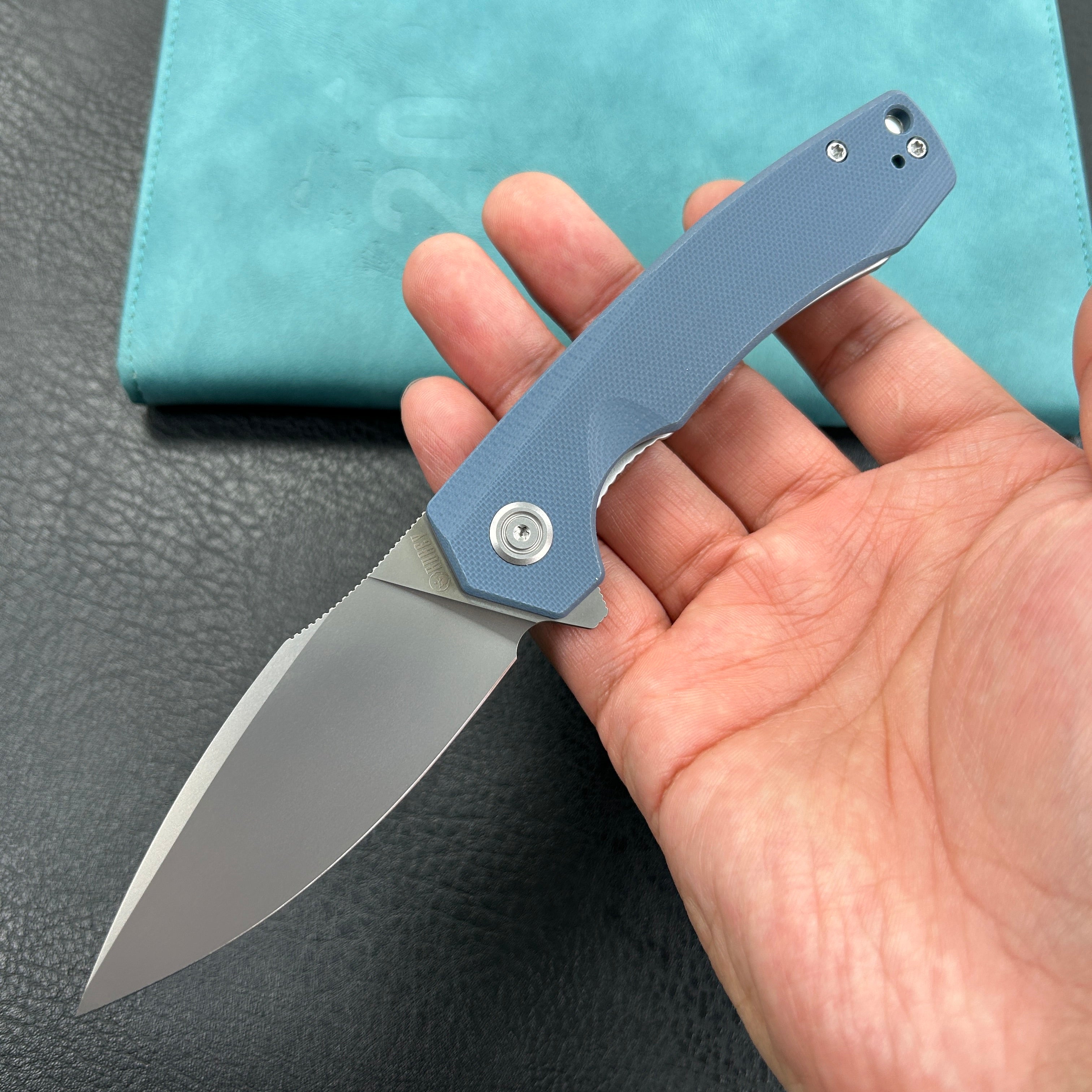 KUBEY KU901M Calyce Liner Lock Flipper Folding Knife Blue G10 Handle 3.27" Bead Blasted AUS-10