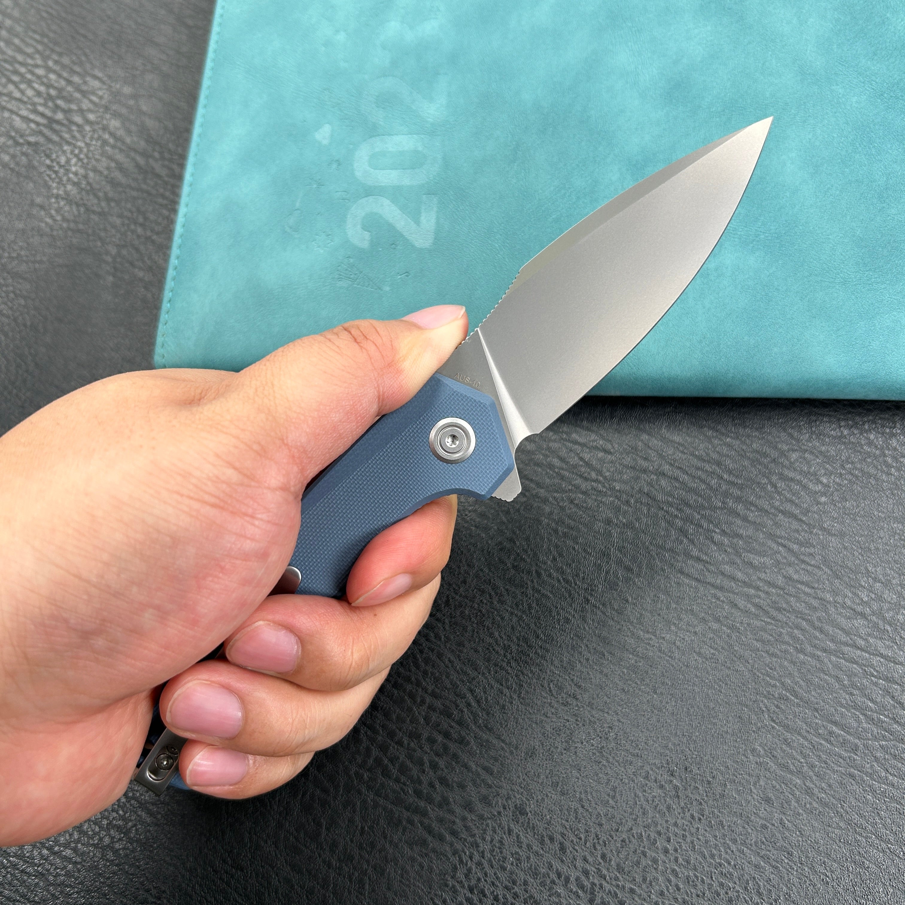 KUBEY KU901M Calyce Liner Lock Flipper Folding Knife Blue G10 Handle 3.27" Bead Blasted AUS-10