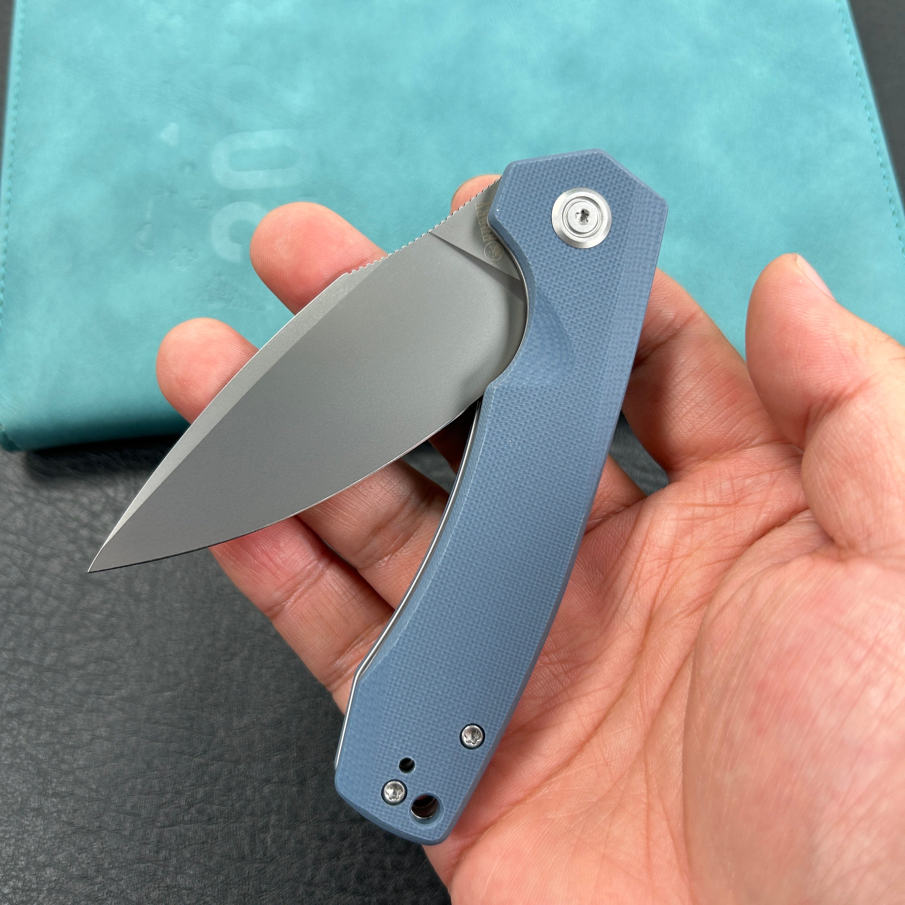 KUBEY KU901M Calyce Liner Lock Flipper Folding Knife Blue G10 Handle 3.27" Bead Blasted AUS-10