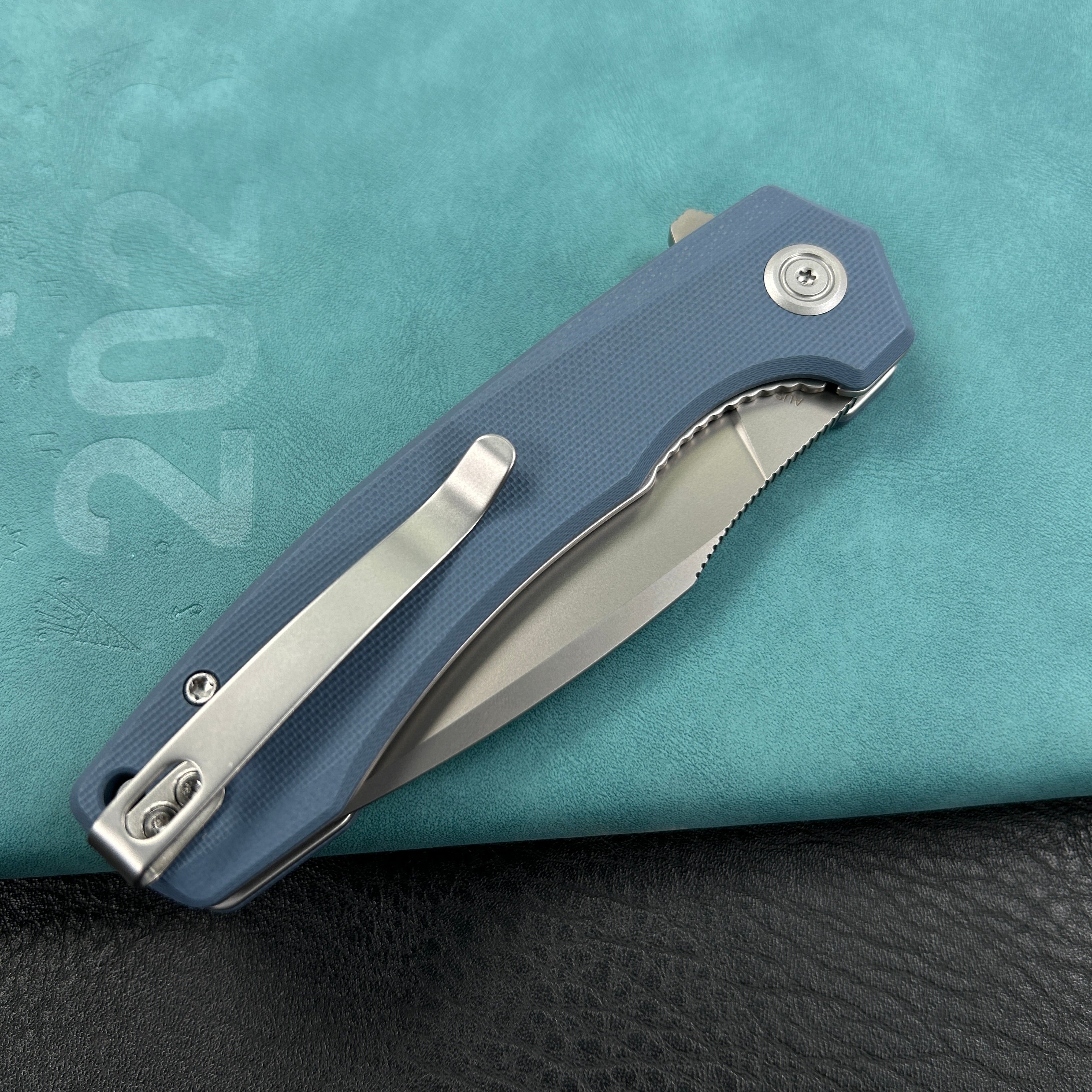 KUBEY KU901M Calyce Liner Lock Flipper Folding Knife Blue G10 Handle 3.27" Bead Blasted AUS-10