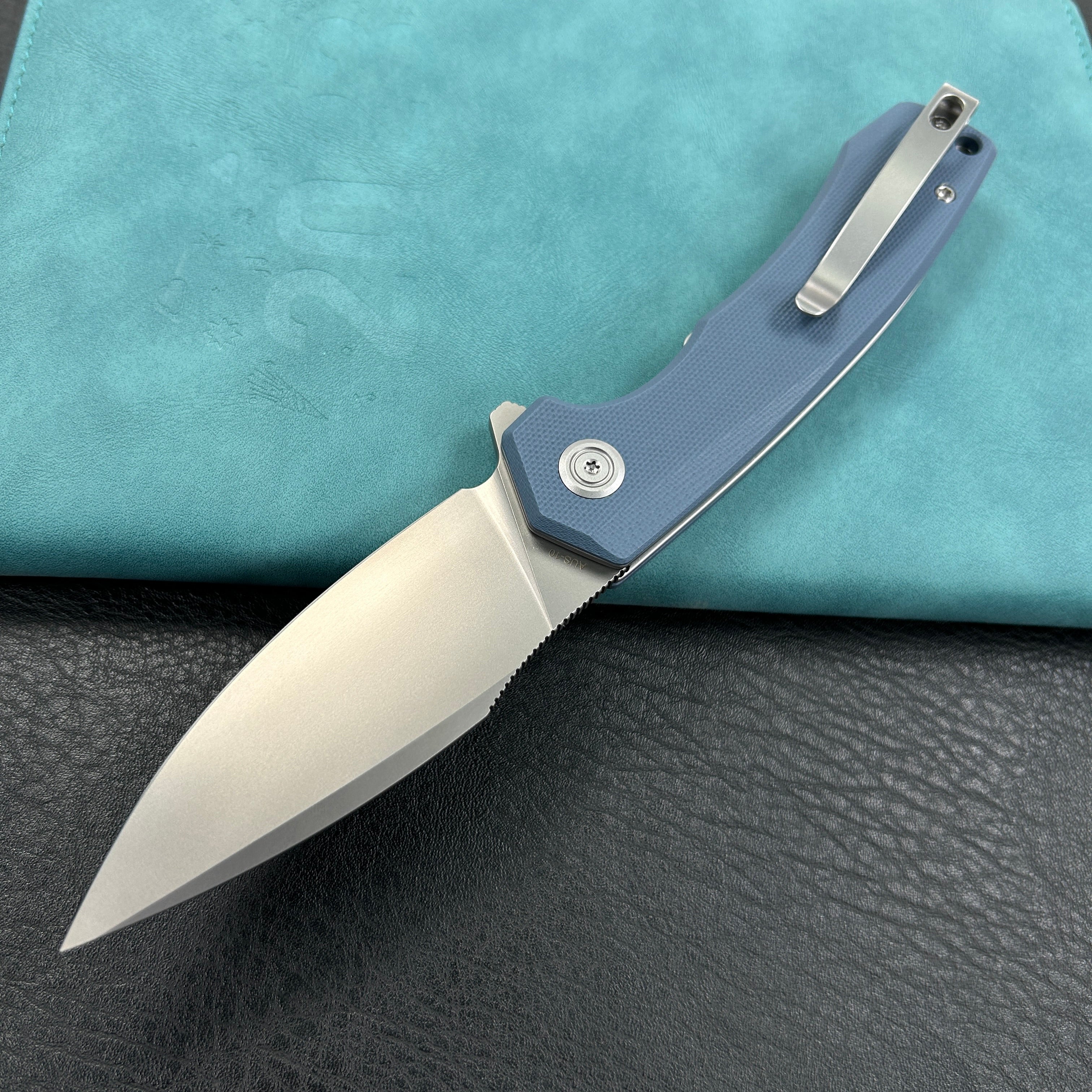 KUBEY KU901M Calyce Liner Lock Flipper Folding Knife Blue G10 Handle 3.27" Bead Blasted AUS-10