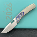 KB KNIVES KB377D Common Thread Folding Knife Sand Blasting Titanium/Zircuti Inlays Handle 3.35'' Silver Bead Blasting M390