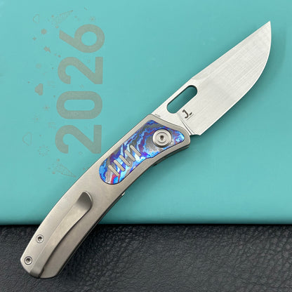 KB KNIVES KB377D Common Thread Folding Knife Sand Blasting Titanium/Zircuti Inlays Handle 3.35'' Silver Bead Blasting M390