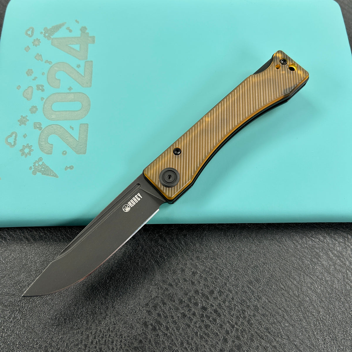 KUBEY KU2102H Akino Lockback Pocket Folding Knife Ultem Handle 3.15" Blackwashed Sandvik 14C28N