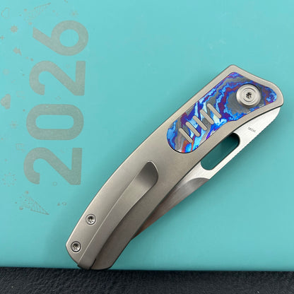 KB KNIVES KB377D Common Thread Folding Knife Sand Blasting Titanium/Zircuti Inlays Handle 3.35'' Silver Bead Blasting M390