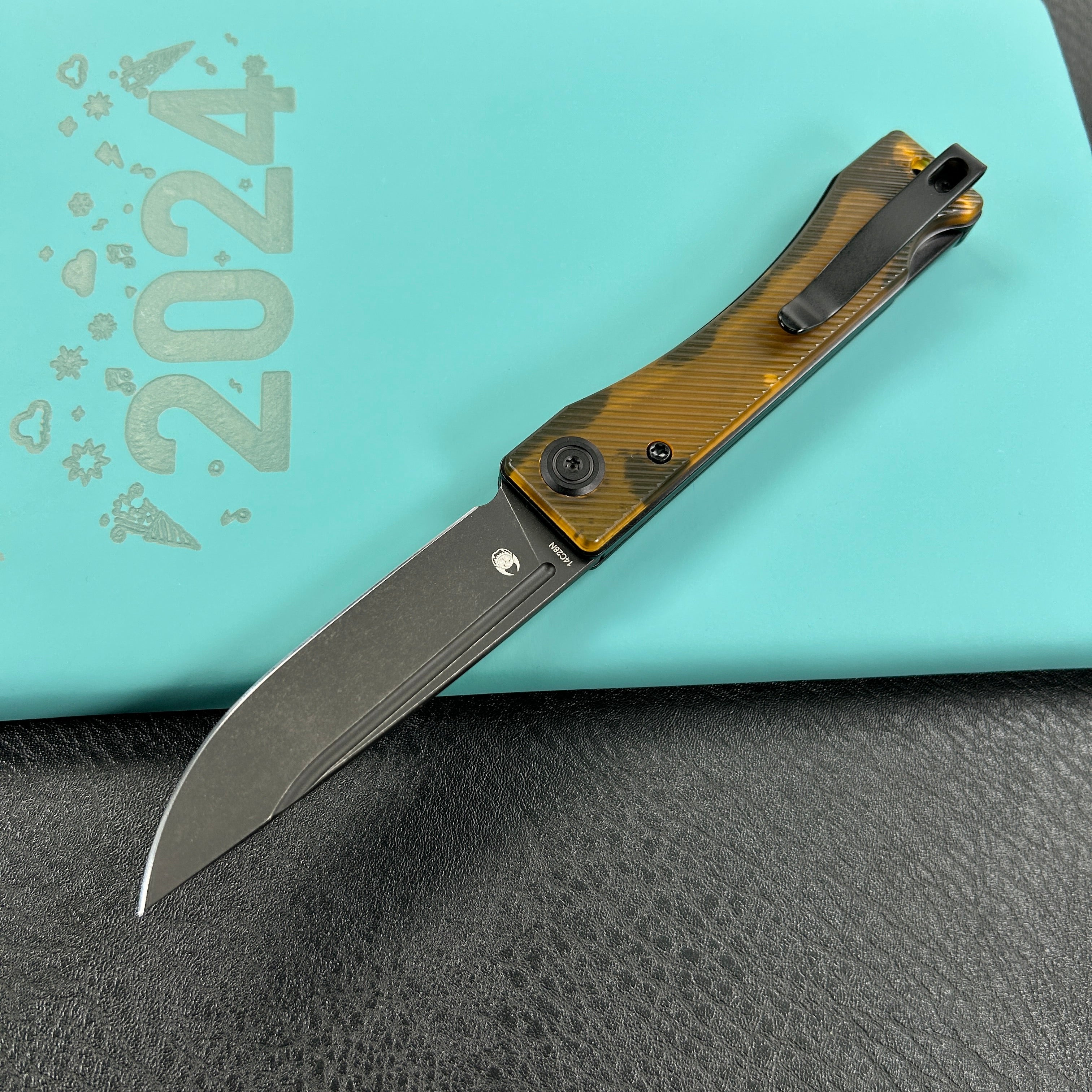 KUBEY KU2102H Akino Lockback Pocket Folding Knife Ultem Handle 3.15" Blackwashed Sandvik 14C28N