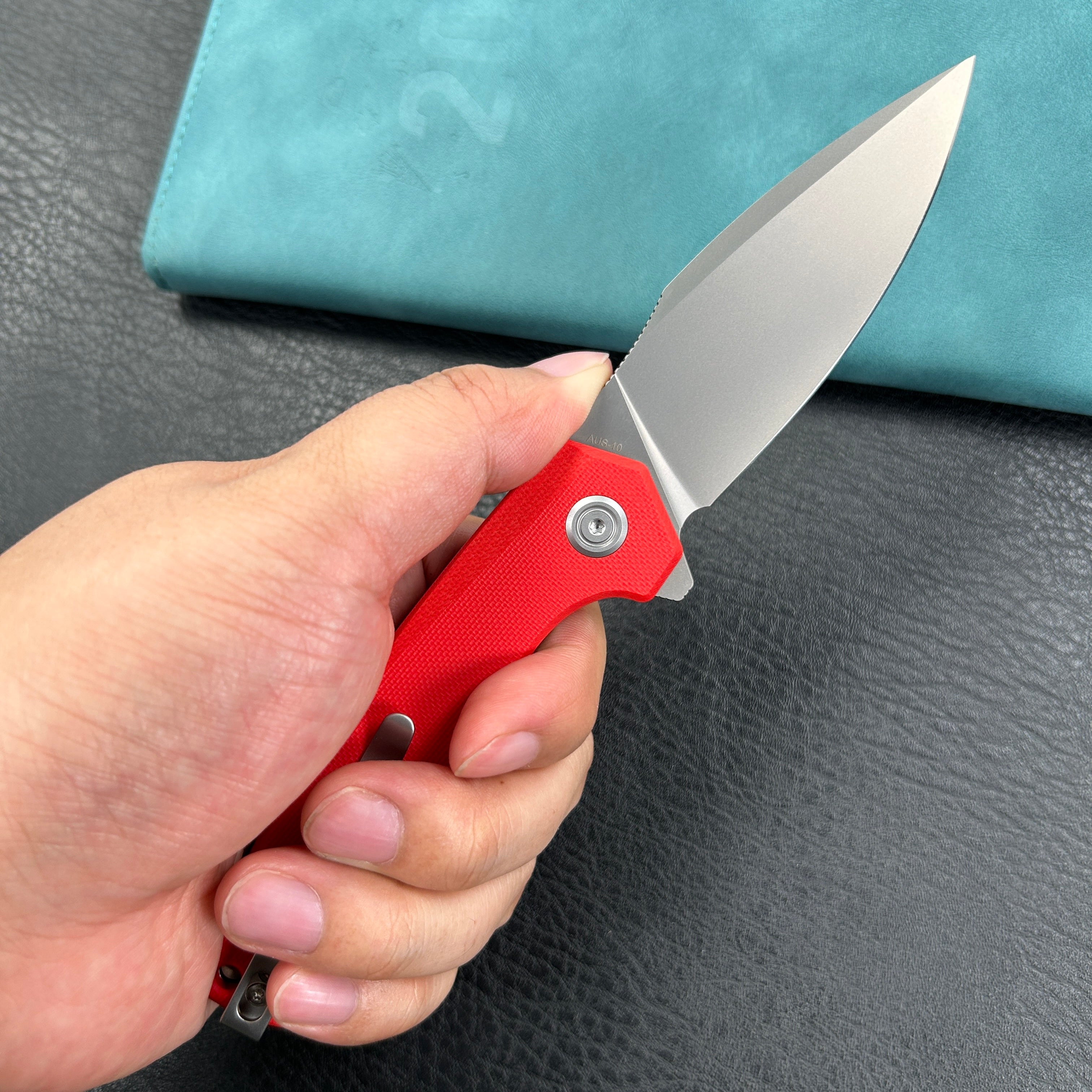 KUBEY KU901J  Calyce Liner Lock Flipper Folding Knife Red G10 Handle 3.27" Bead Blasted AUS-10