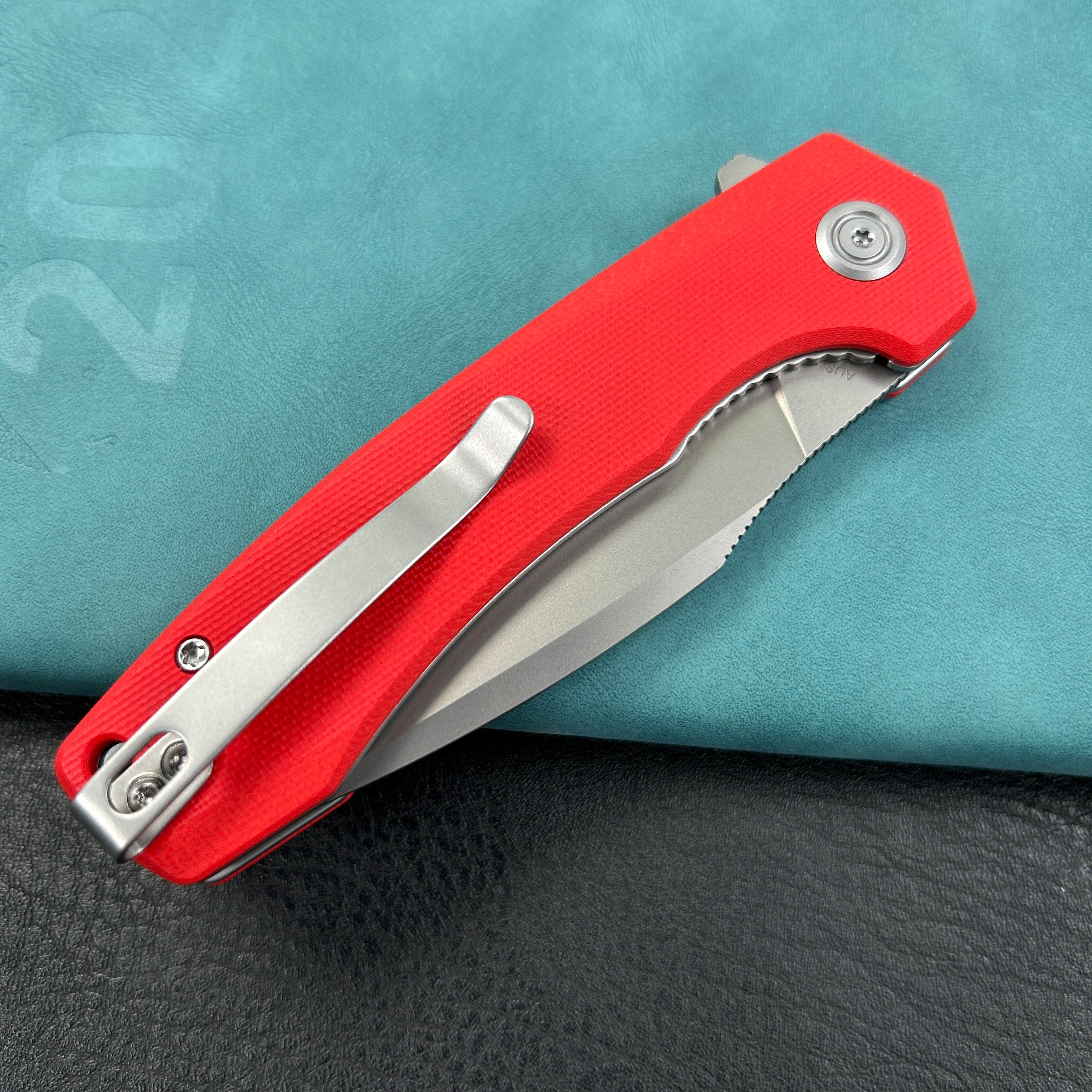 KUBEY KU901J  Calyce Liner Lock Flipper Folding Knife Red G10 Handle 3.27" Bead Blasted AUS-10