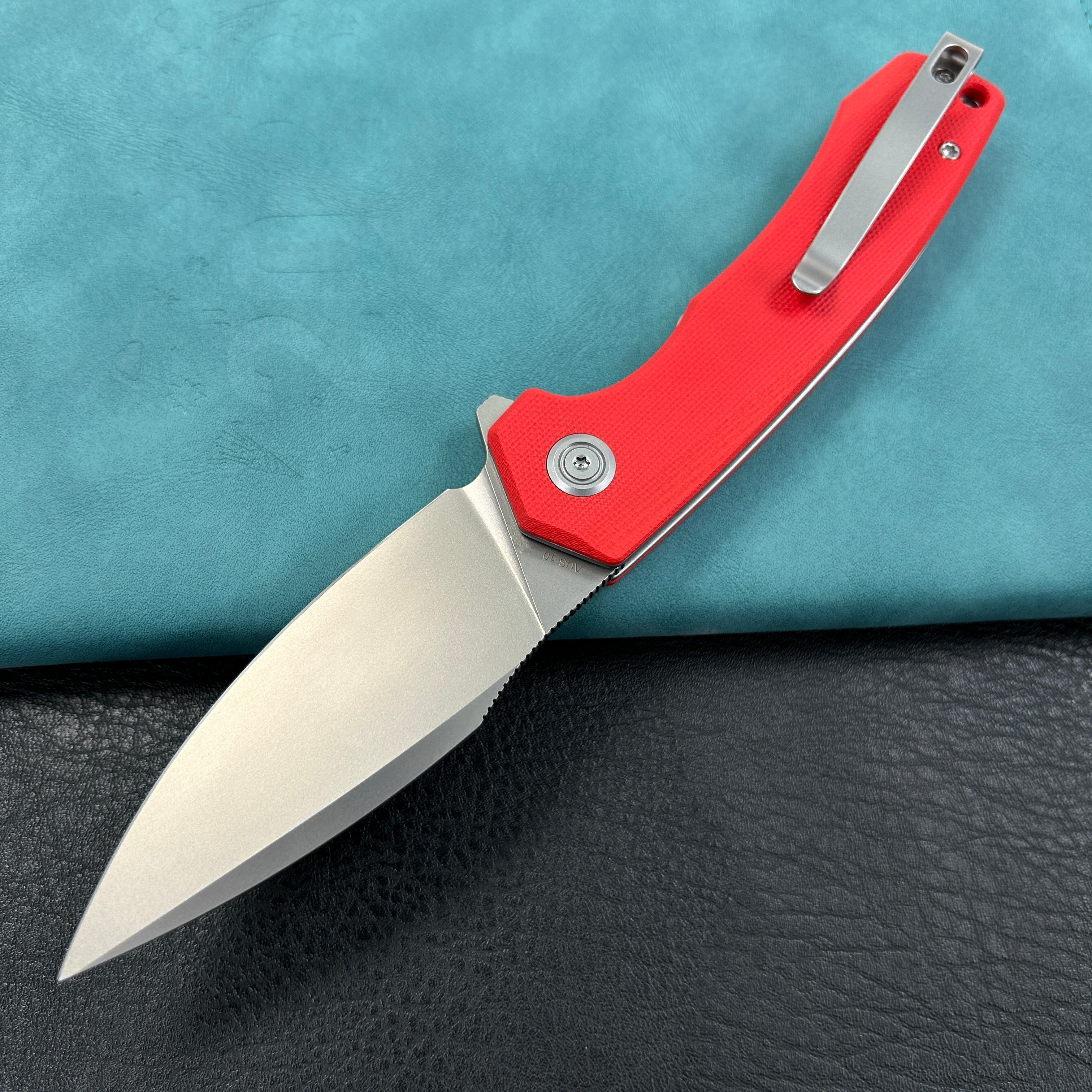 KUBEY KU901J  Calyce Liner Lock Flipper Folding Knife Red G10 Handle 3.27" Bead Blasted AUS-10