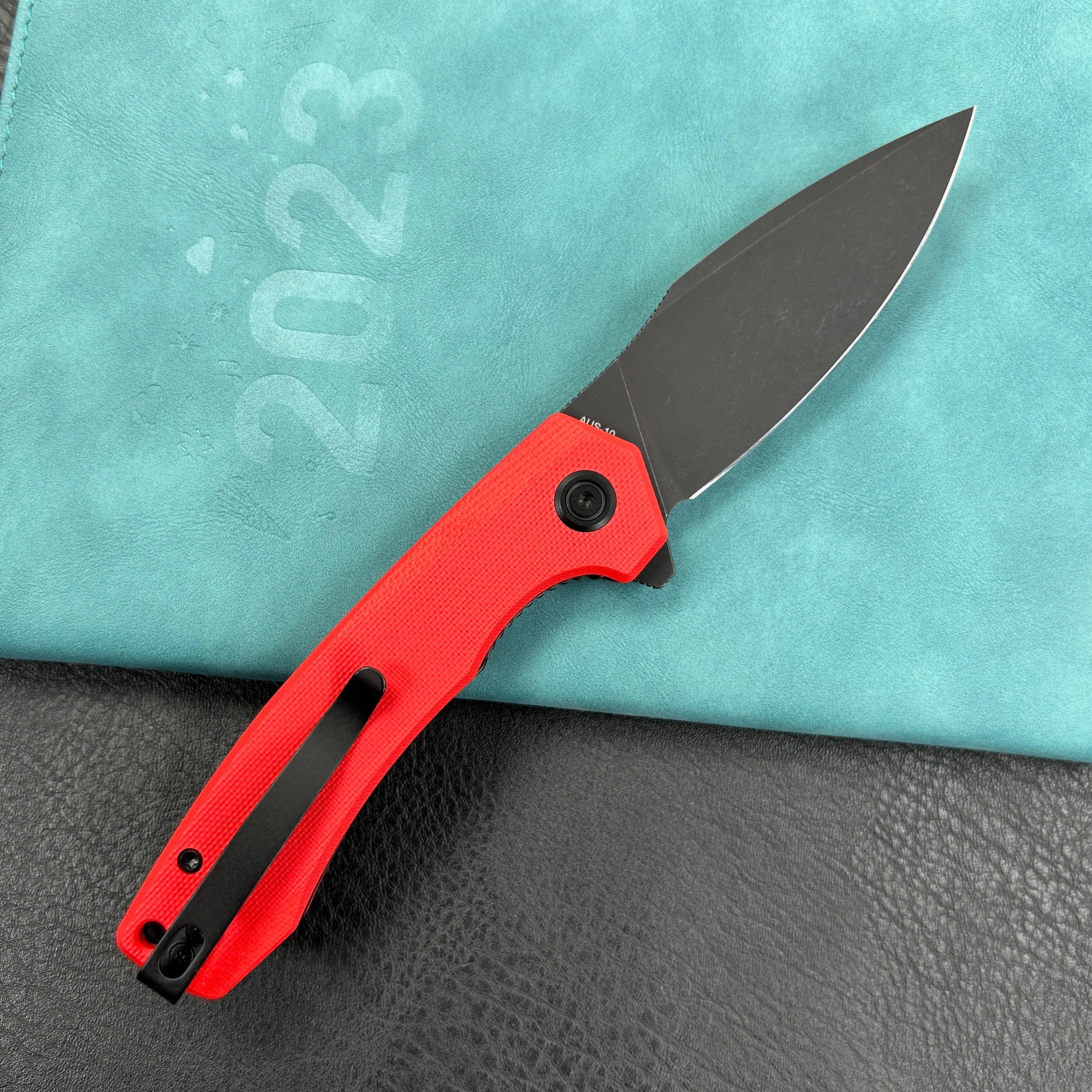 KUBEY KU901I Calyce Liner Lock Flipper Folding Knife Red G10 Handle 3.27" Blackwashed AUS-10