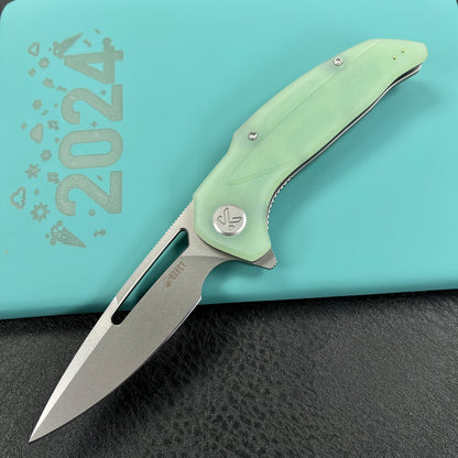 KUBEY  KU372B Nautilus Flipper Knife Jade G10 Handle 3.46" Silver Sandblast 14C28N