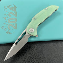 KUBEY  KU372B Nautilus Flipper Knife Jade G10 Handle 3.46" Silver Sandblast 14C28N