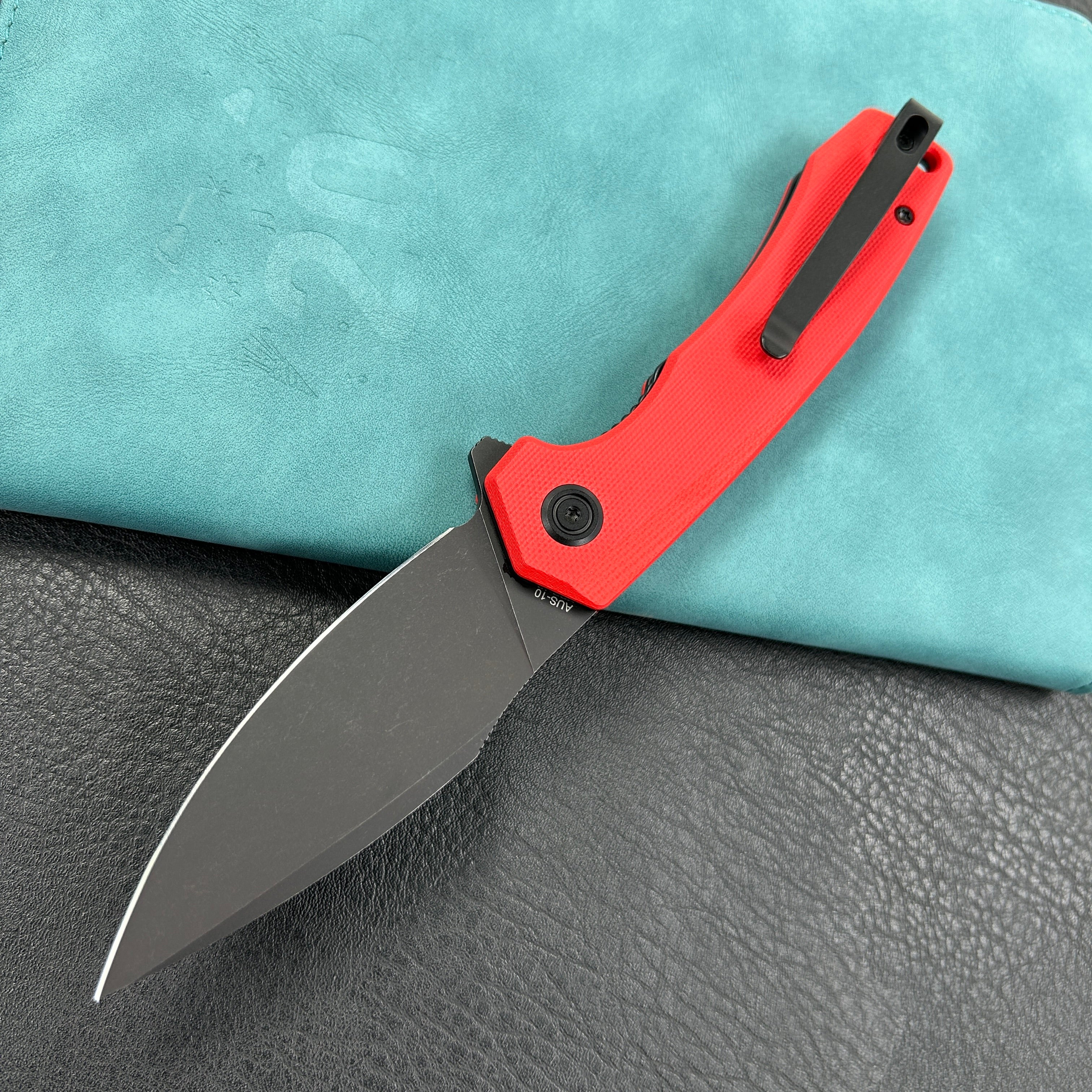 KUBEY KU901I Calyce Liner Lock Flipper Folding Knife Red G10 Handle 3.27" Blackwashed AUS-10