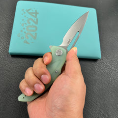 KUBEY  KU372B Nautilus Flipper Knife Jade G10 Handle 3.46" Silver Sandblast 14C28N