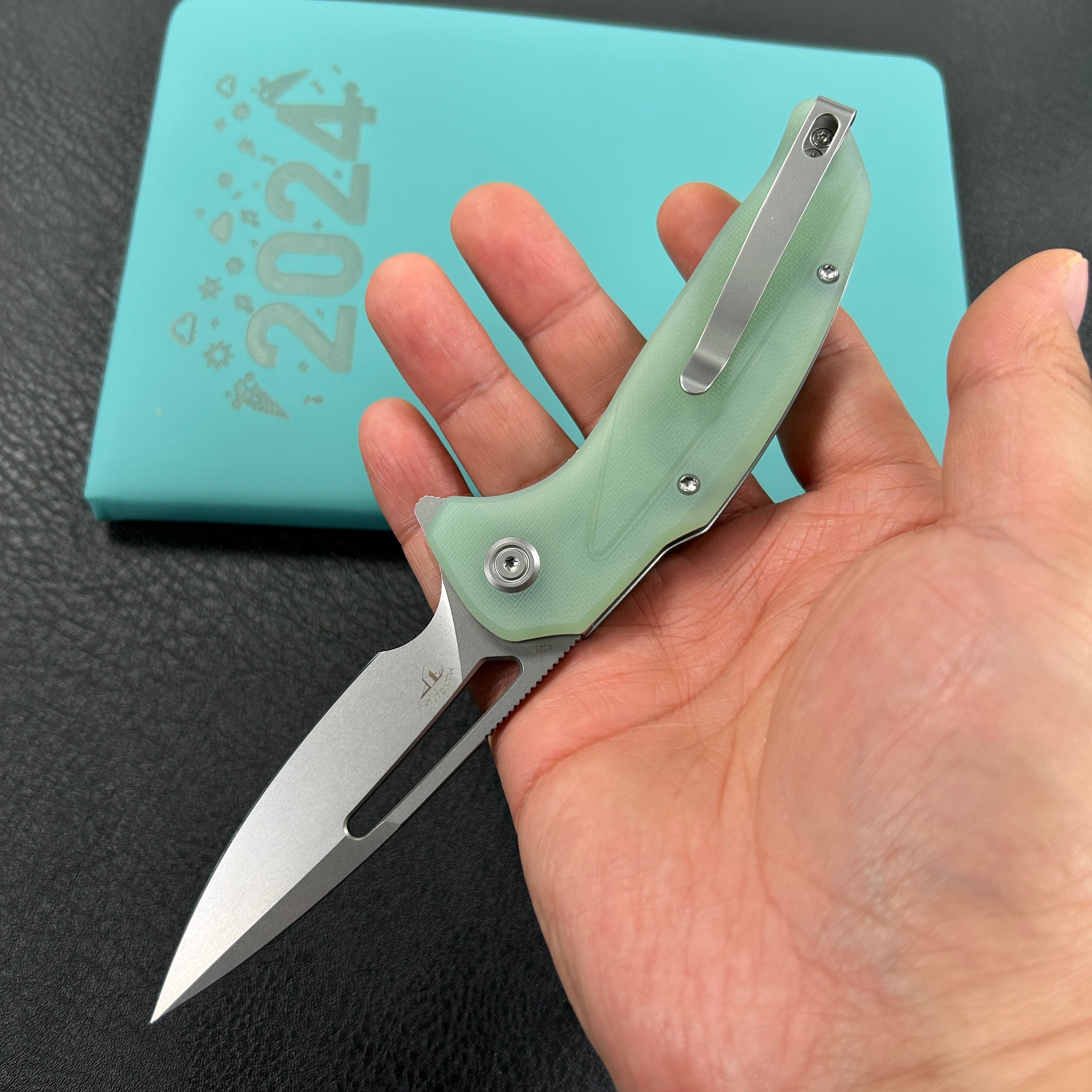 KUBEY  KU372B Nautilus Flipper Knife Jade G10 Handle 3.46" Silver Sandblast 14C28N