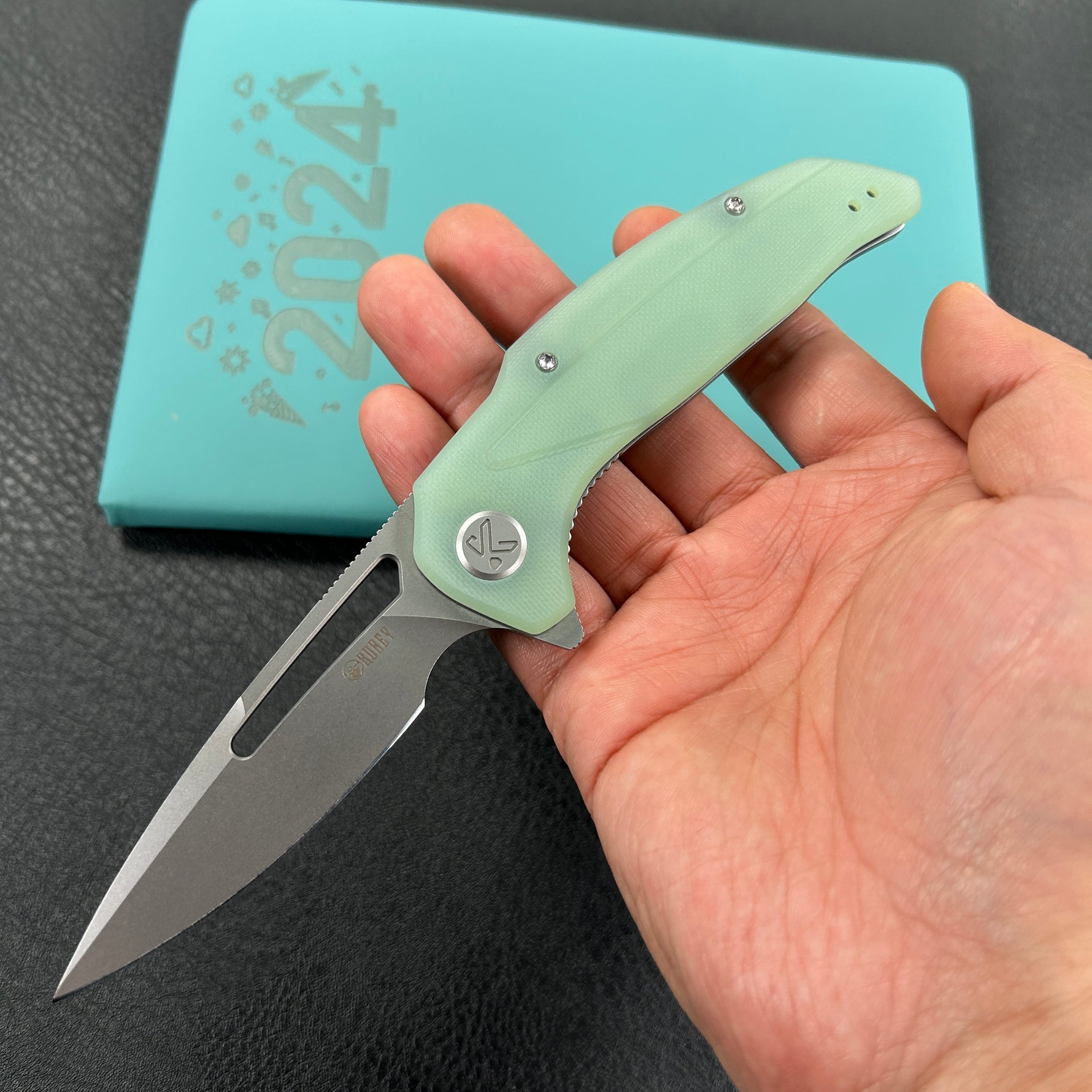 KUBEY  KU372B Nautilus Flipper Knife Jade G10 Handle 3.46" Silver Sandblast 14C28N