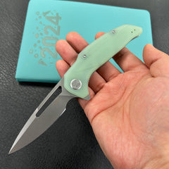 KUBEY  KU372B Nautilus Flipper Knife Jade G10 Handle 3.46" Silver Sandblast 14C28N